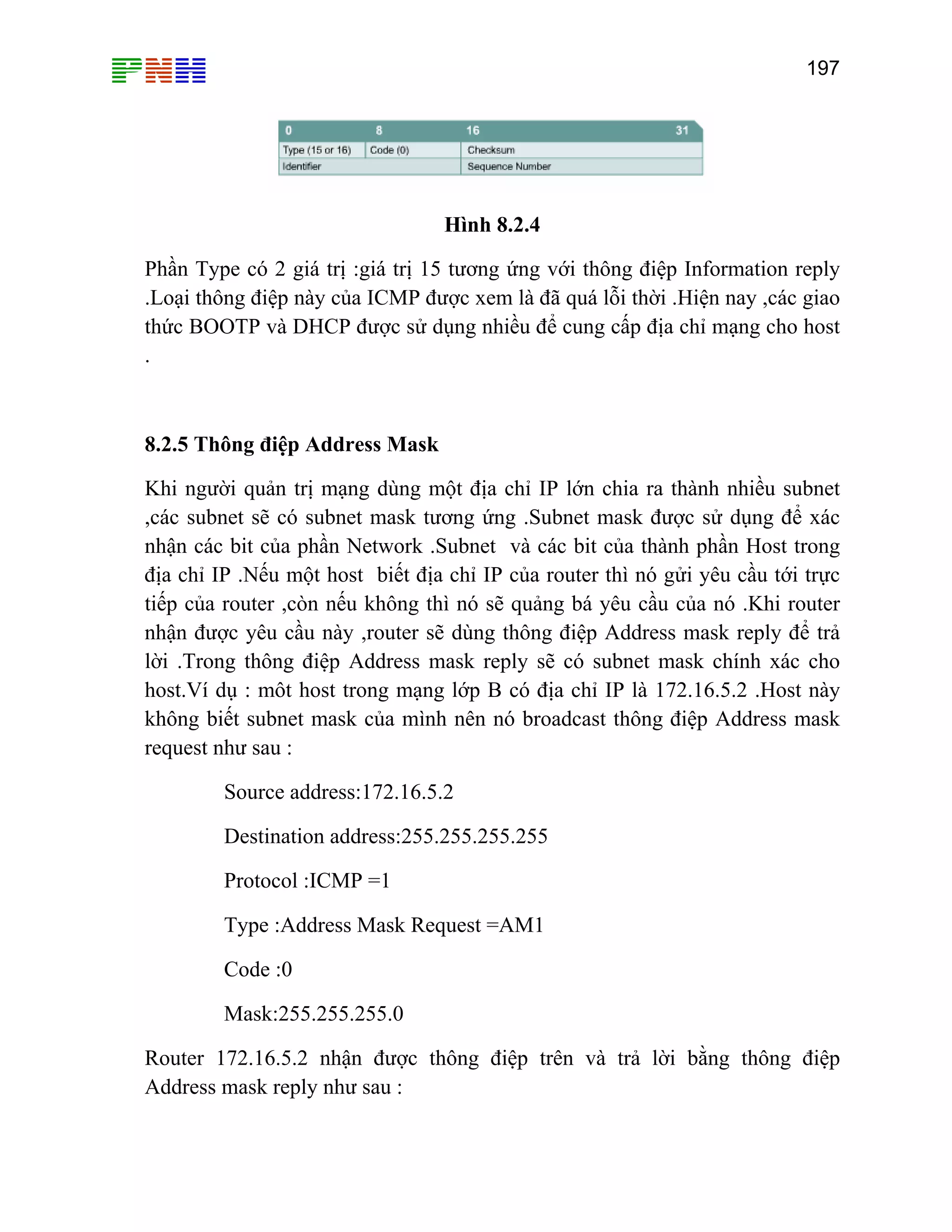 197
Hình 8.2.4
Phần Type có 2 giá trị :giá tr
.Loại thông điệp này của
ị 15 tương ứng với thông điệp Information reply
ICMP được xem là đã quá lỗi thời .Hiện nay ,các giao
ho host
.
Khi người quản trị mạng dùng một địa chỉ IP lớn chia ra thành nhiều subnet
,các subnet sẽ có subnet mask tương ứng .Subnet mask được sử dụng để xác
nhận các bit của phần Network .Subnet và các bit của thành phần Host trong
địa chỉ IP .Nếu một host biết địa chỉ IP của router thì nó gửi yêu cầu tới trực
tiếp của router ,còn nếu không thì nó sẽ quảng bá yêu cầu của nó .Khi router
nhận được yêu cầu này ,router sẽ dùng thông điệp Address mask reply để trả
lời .Trong thông điệp Address mask reply sẽ có subnet mask chính xác cho
host.Ví dụ : môt host trong mạng lớp B có địa chỉ IP là 172.16.5.2 .Host này
không biết subnet mask của mình nên nó broadcast thông đ p Address mask
request như sau :
ress:172.16.5.2
ời bằng thông điệp
Address mask reply như sau :
thức BOOTP và DHCP được sử dụng nhiều để cung cấp địa chỉ mạng c
8.2.5 Thông điệp Address Mask
iệ
Source add
Destination address:255.255.255.255
Protocol :ICMP =1
Type :Address Mask Request =AM1
Code :0
Mask:255.255.255.0
Router 172.16.5.2 nhận được thông điệp trên và trả l
 