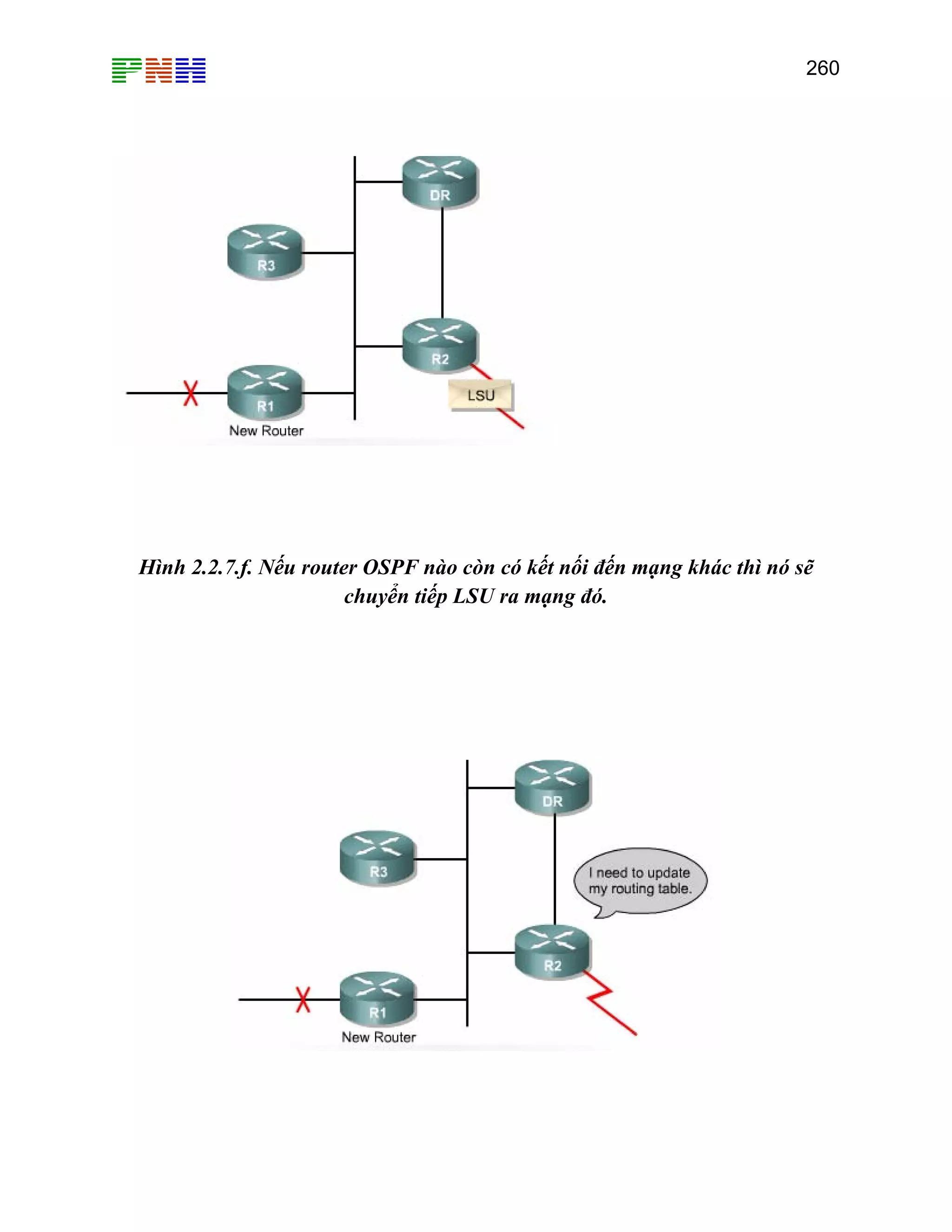 260
Hình 2.2.7.f. Nếu router OSPF nào còn có kết nối đến mạng khác thì nó sẽ
chuyển tiếp LSU ra mạng đó.
 