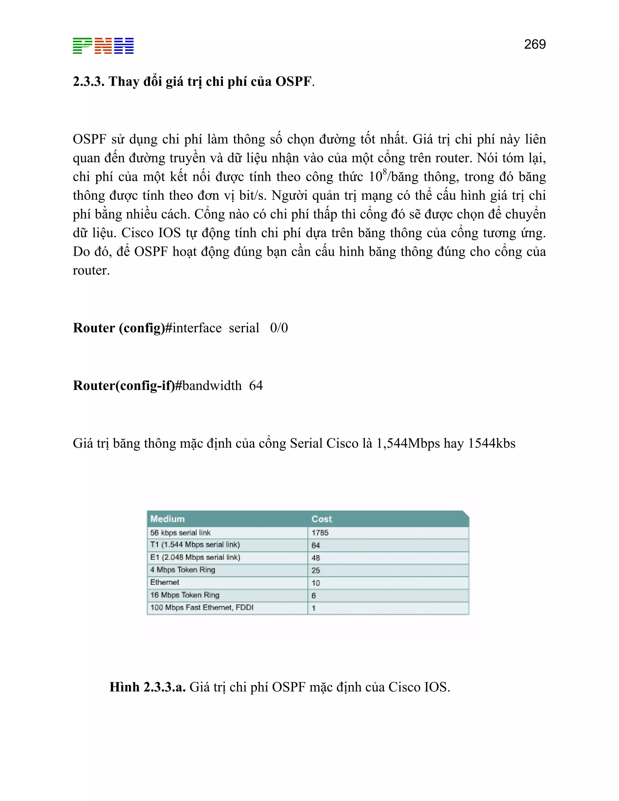 269
2.3.3. Thay đổi giá trị chi phí của OSPF.
OSPF sử dụng chi phí làm thông số chọn đường tốt nhất. Giá trị chi phí này liên
quan đến đường truyền và dữ liệu nhận vào của một cổng trên router. Nói tóm lại,
chi phí của một kết nối được tính theo công thức 108
/băng thông, trong đó băng
thông được tính theo đơn vị bit/s. Người quản trị mạng có thể cấu hình giá trị chi
phí bằng nhiều cách. Cổng nào có chi phí thấp thì cổng đó sẽ được chọn để chuyển
nfig-if)#bandwidth 64
Giá trị băng thông mặc định của cổng Serial Cisco là 1,544Mbps hay 1544kbs
dữ liệu. Cisco IOS tự động tính chi phí dựa trên băng thông của cổng tương ứng.
Do đó, để OSPF hoạt động đúng bạn cần cấu hình băng thông đúng cho cổng của
router.
Router (config)#interface serial 0/0
Router(co
Hình 2.3.3.a. Giá trị chi phí OSPF mặc định của Cisco IOS.
 