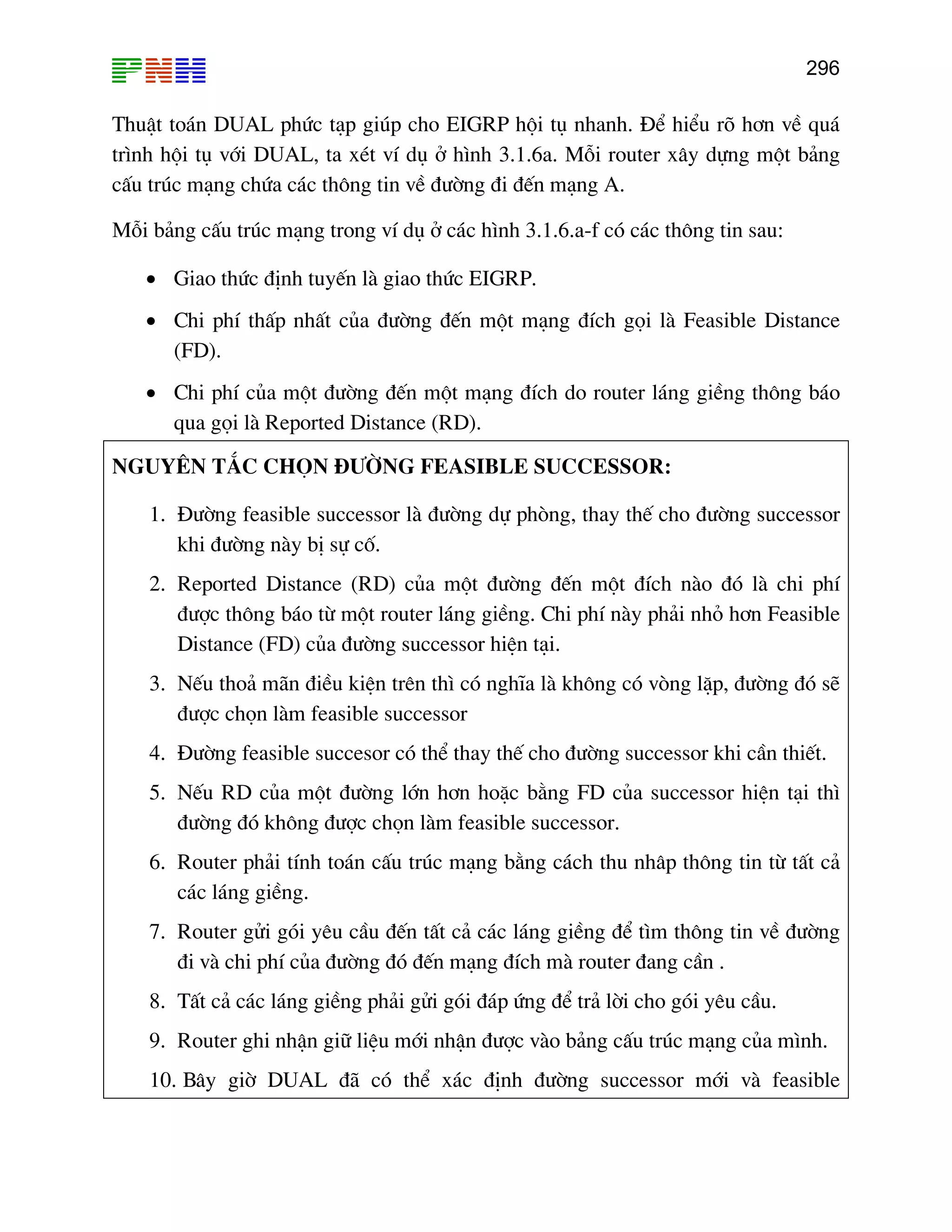 296
Th
tr×n
cÊu
Mç th«ng tin sau:
Nguyªn t¾c chän ®−êng Feasible successor:
a mét ®−êng ®Õn mét ®Ých nµo ®ã lµ chi phÝ
n thiÕt.
−êng lín h¬n hoÆc b»ng FD cña successor hiÖn t¹i th×
îc chän lµm feasible successor.
g c¸ch thu nh©p th«ng tin tõ tÊt c¶
l¸ng giÒng ®Ó t×m th«ng tin vÒ ®−êng
®i vµ chi phÝ cña ®−êng ®ã ®Õn m¹ng ®Ých mµ router ®ang cÇn .
uËt to¸n DUAL phøc t¹p gióp cho EIGRP héi tô nhanh. §Ó hiÓu râ h¬n vÒ qu¸
h héi tô víi DUAL, ta xÐt vÝ dô ë h×nh 3.1.6a. Mçi router x©y dùng mét b¶ng
tróc m¹ng chøa c¸c th«ng tin vÒ ®−êng ®i ®Õn m¹ng A.
i b¶ng cÊu tróc m¹ng trong vÝ dô ë c¸c h×nh 3.1.6.a-f cã c¸c
• Giao thøc ®Þnh tuyÕn lµ giao thøc EIGRP.
• Chi phÝ thÊp nhÊt cña ®−êng ®Õn mét m¹ng ®Ých gäi lµ Feasible Distance
(FD).
• Chi phÝ cña mét ®−êng ®Õn mét m¹ng ®Ých do router l¸ng giÒng th«ng b¸o
qua gäi lµ Reported Distance (RD).
1. §−êng feasible successor lµ ®−êng dù phßng, thay thÕ cho ®−êng successor
khi ®−êng nµy bÞ sù cè.
2. Reported Distance (RD) cñ
®−îc th«ng b¸o tõ mét router l¸ng giÒng. Chi phÝ nµy ph¶i nhá h¬n Feasible
Distance (FD) cña ®−êng successor hiÖn t¹i.
3. NÕu tho¶ m·n ®iÒu kiÖn trªn th× cã nghÜa lµ kh«ng cã vßng lÆp, ®−êng ®ã sÏ
®−îc chän lµm feasible successor
4. §−êng feasible succesor cã thÓ thay thÕ cho ®−êng successor khi cÇ
5. NÕu RD cña mét ®
®−êng ®ã kh«ng ®−
6. Router ph¶i tÝnh to¸n cÊu tróc m¹ng b»n
c¸c l¸ng giÒng.
7. Router göi gãi yªu cÇu ®Õn tÊt c¶ c¸c
8. TÊt c¶ c¸c l¸ng giÒng ph¶i göi gãi ®¸p øng ®Ó tr¶ lêi cho gãi yªu cÇu.
9. Router ghi nhËn gi÷ liÖu míi nhËn ®−îc vµo b¶ng cÊu tróc m¹ng cña m×nh.
10. B©y giê DUAL ®· cã thÓ x¸c ®Þnh ®−êng successor míi vµ feasible
 