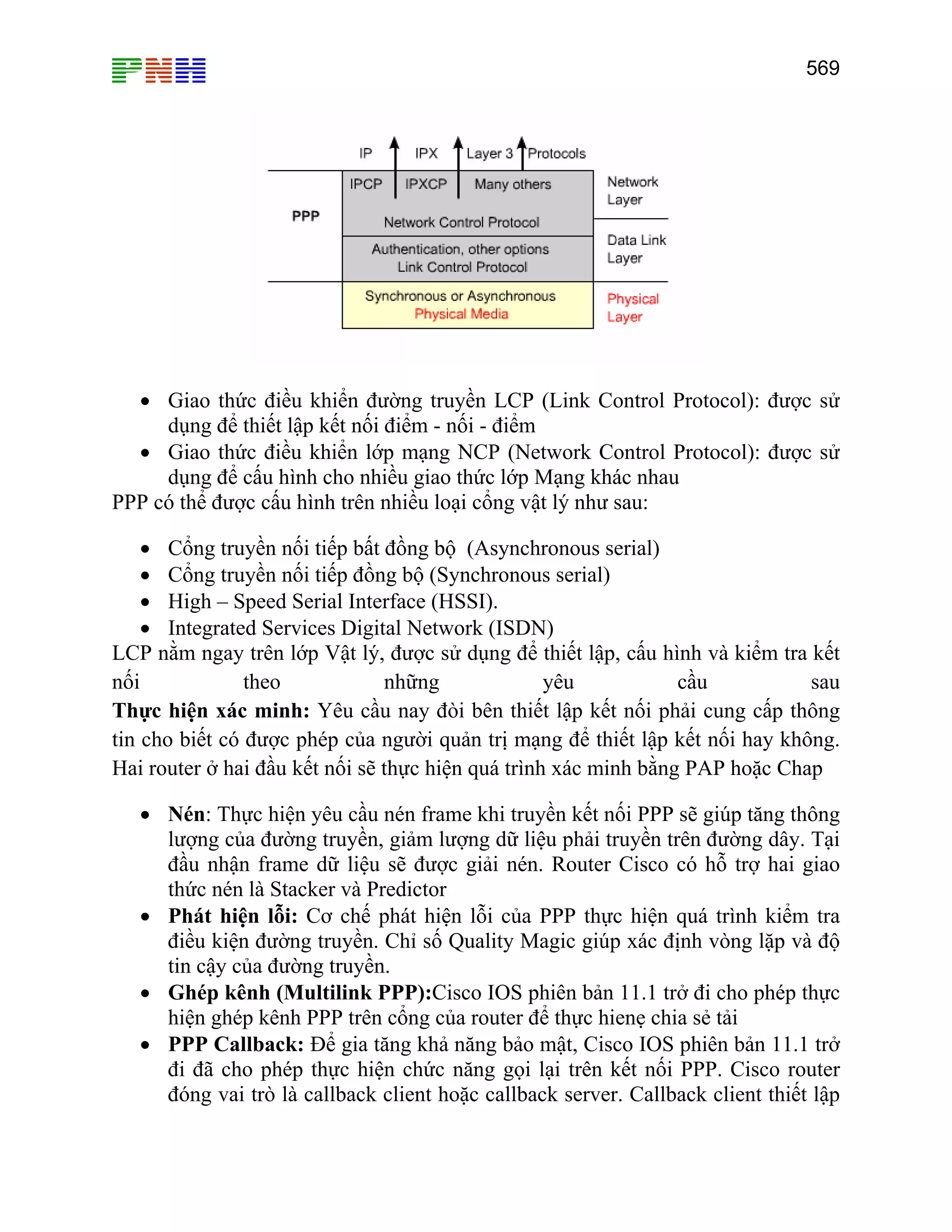 569
• Giao thức điều khiển đường truyền LCP (Link Control Protocol): được sử
dụng để thiết lập kết nối điểm - nối - điểm
• Giao thức điều khiển lớp mạng NCP (Network Control Protocol): được sử
dụng để cấu hình cho nhiều giao thức lớp Mạng khác nhau
PPP có thể được cấu hình trên nhiều loại cổng vật lý như sau:
• Cổng truyền nối tiếp bất đồng bộ (Asynchronous serial)
• Cổng truyền nối tiếp đồng bộ (Synchronous serial)
• High – Speed Serial Interface (HSSI).
• Integrated Services Digital Network (ISDN)
LCP nằm ngay trên lớp Vật lý, được sử dụng để thiết lập, cấu hình và kiểm tra kết
nối theo những yêu cầu sau
Thực hiện xác minh: Yêu cầu nay đòi bên thiết lập kết nối phải cung cấp thông
tin cho biết có được phép của người quản trị mạng để thiết lập kết nối hay không.
Hai router ở hai đầu kết nối sẽ thực hiện quá trình xác minh bằng PAP hoặc Chap
• Nén: Thực hiện yêu cầu nén frame khi truyền kết nối PPP sẽ giúp tăng thông
lượng của đường truyền, giảm lượng dữ liệu phải truyền trên đường dây. Tại
đầu nhận frame dữ liệu sẽ được giải nén. Router Cisco có hỗ trợ hai giao
thức nén là Stacker và Predictor
• Phát hiện lỗi: Cơ chế phát hiện lỗi của PPP thực hiện quá trình kiểm tra
điều kiện đường truyền. Chỉ số Quality Magic giúp xác định vòng lặp và độ
tin cậy của đường truyền.
• Ghép kênh (Multilink PPP):Cisco IOS phiên bản 11.1 trở đi cho phép thực
hiện ghép kênh PPP trên cổng của router để thực hienẹ chia sẻ tải
• PPP Callback: Để gia tăng khả năng bảo mật, Cisco IOS phiên bản 11.1 trở
đi đã cho phép thực hiện chức năng gọi lại trên kết nối PPP. Cisco router
đóng vai trò là callback client hoặc callback server. Callback client thiết lập
 