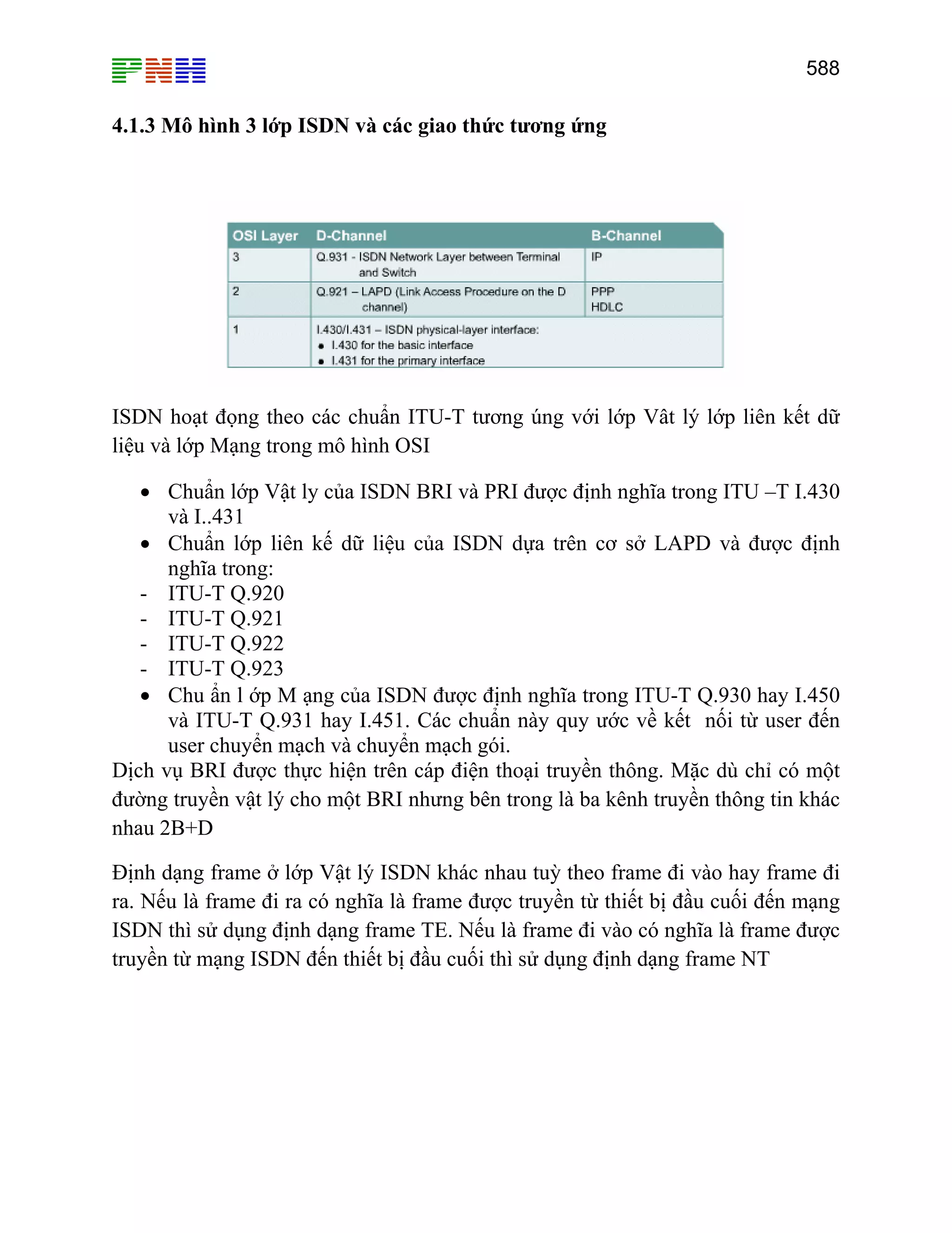 588
4.1.3 Mô hình 3 lớp ISDN và các giao thức tương ứng
ISDN hoạt đọng theo các chuẩn ITU-T tương úng với lớp Vât lý lớp liên kết dữ
liệu và lớp Mạng trong mô hình OSI
• Chuẩn lớp Vật ly của ISDN BRI và PRI được định nghĩa trong ITU –T I.430
và I..431
• Chuẩn lớp liên kế dữ liệu của ISDN dựa trên cơ sở LAPD và được định
nghĩa trong:
- ITU-T Q.920
- ITU-T Q.921
- ITU-T Q.922
- ITU-T Q.923
• Chu ẩn l ớp M ạng của ISDN được định nghĩa trong ITU-T Q.930 hay I.450
và ITU-T Q.931 hay I.451. Các chuẩn này quy ước về kết nối từ user đến
user chuyển mạch và chuyển mạch gói.
Dịch vụ BRI được thực hiện trên cáp điện thoại truyền thông. Mặc dù chỉ có một
đường truyền vật lý cho một BRI nhưng bên trong là ba kênh truyền thông tin khác
nhau 2B+D
Định dạng frame ở lớp Vật lý ISDN khác nhau tuỳ theo frame đi vào hay frame đi
ra. Nếu là frame đi ra có nghĩa là frame được truyền từ thiết bị đầu cuối đến mạng
ISDN thì sử dụng định dạng frame TE. Nếu là frame đi vào có nghĩa là frame được
truyền từ mạng ISDN đến thiết bị đầu cuối thì sử dụng định dạng frame NT
 