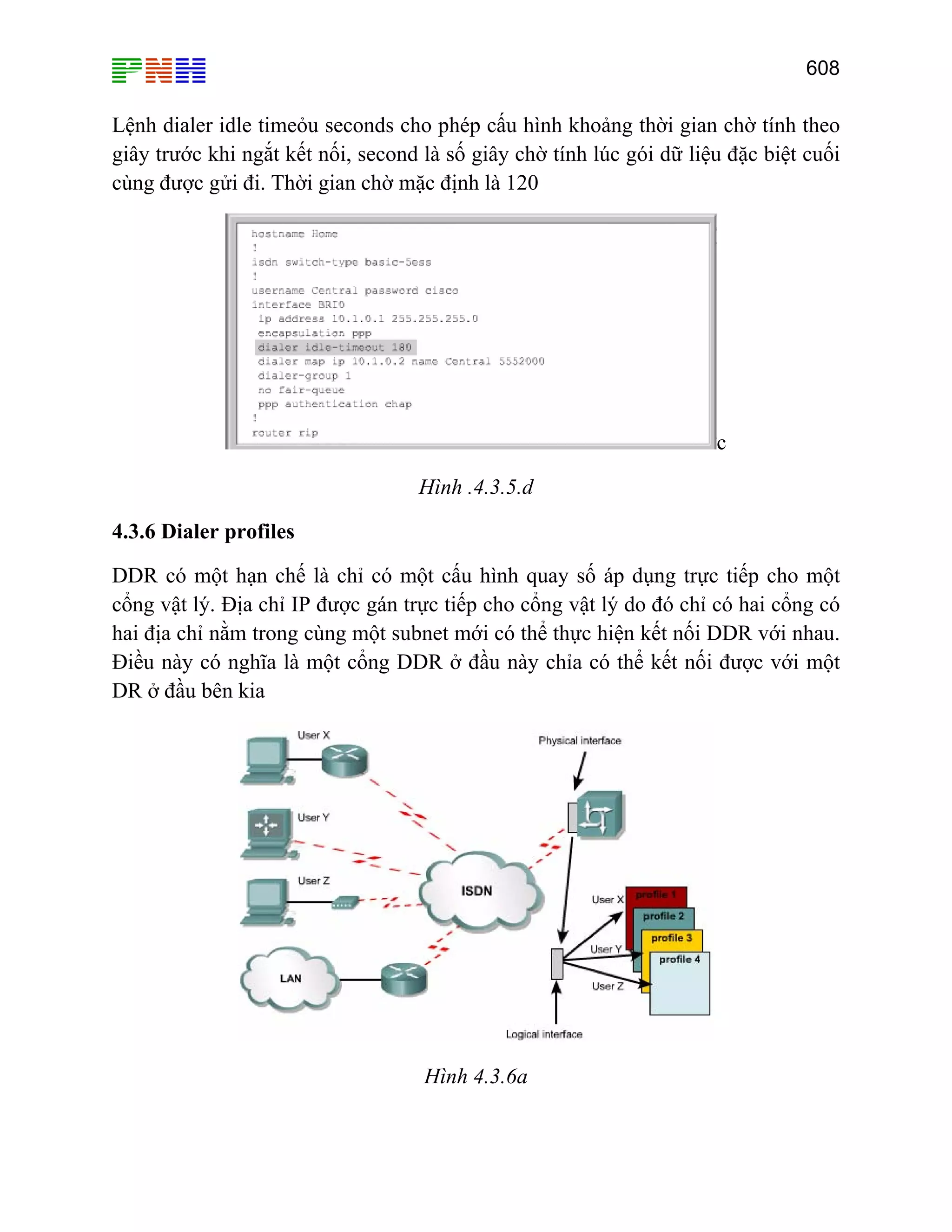 608
Lệnh dialer idle timeỏu seconds cho phép cấu hình khoảng thời gian chờ tính theo
giây trước khi ngắt kết nối, second là số giây chờ tính lúc gói dữ liệu đặc biệt cuối
cùng được gửi đi. Thời gian chờ mặc định là 120
c
Hình .4.3.5.d
4.3.6 Dialer profiles
DDR có một hạn chế là chỉ có một cấu hình quay số áp dụng trực tiếp cho một
cổng vật lý. Địa chỉ IP được gán trực tiếp cho cổng vật lý do đó chỉ có hai cổng có
hai địa chỉ nằm trong cùng một subnet mới có thể thực hiện kết nối DDR với nhau.
Điều này có nghĩa là một cổng DDR ở đầu này chỉa có thể kết nối được với một
DR ở đầu bên kia
Hình 4.3.6a
 