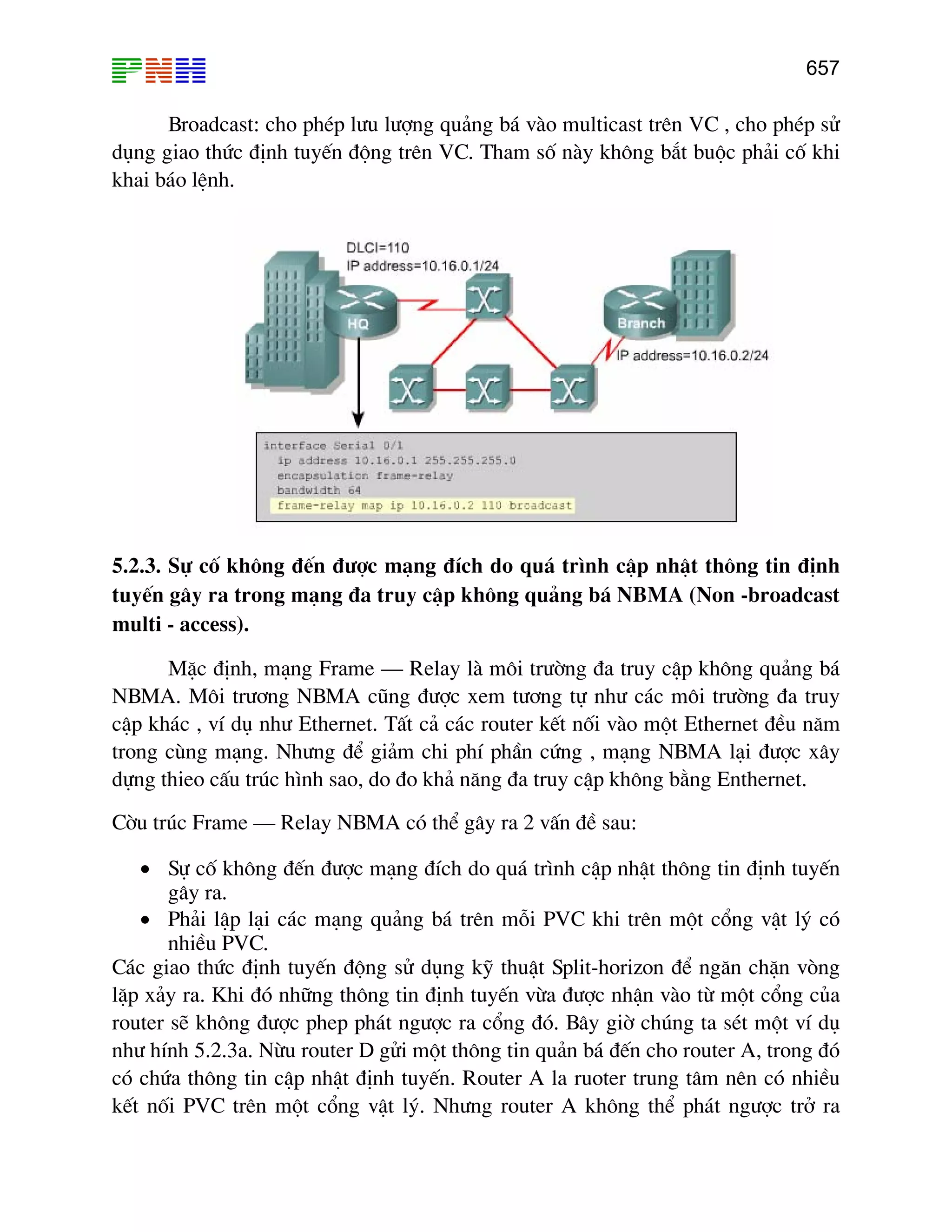 657
Broadcast: cho phÐp l−u l−îng qu¶ng b¸ vµo multicast trªn VC , cho phÐp sö
dông giao thøc ®Þnh tuyÕn ®éng trªn VC. Tham sè nµy kh«ng b¾t buéc ph¶i cè khi
khai b¸o lÖnh.
5.2.3. Sù cè kh«ng ®Õn ®−îc m¹ng ®Ých do qu¸ tr×nh cËp nhËt th«ng tin ®Þnh
tuyÕn g©y ra trong m¹ng ®a truy cËp kh«ng qu¶ng b¸ NBMA (Non -broadcast
multi - access).
MÆc ®Þnh, m¹ng Frame – Relay lµ m«i tr−êng ®a truy cËp kh«ng qu¶ng b¸
NBMA. M«i tr−¬ng NBMA còng ®−îc xem t−¬ng tù nh− c¸c m«i tr−êng ®a truy
cËp kh¸c , vÝ dô nh− Ethernet. TÊt c¶ c¸c router kÕt nèi vµo mét Ethernet ®Òu n¨m
trong cïng m¹ng. Nh−ng ®Ó gi¶m chi phÝ phÇn cøng , m¹ng NBMA l¹i ®−îc x©y
dùng thieo cÊu tróc h×nh sao, do ®o kh¶ n¨ng ®a truy cËp kh«ng b»ng Enthernet.
Cêu tróc Frame – Relay NBMA cã thÓ g©y ra 2 vÊn ®Ò sau:
• Sù cè kh«ng ®Õn ®−îc m¹ng ®Ých do qu¸ tr×nh cËp nhËt th«ng tin ®Þnh tuyÕn
g©y ra.
• Ph¶i lËp l¹i c¸c m¹ng qu¶ng b¸ trªn mçi PVC khi trªn mét cæng vËt lý cã
nhiÒu PVC.
C¸c giao thøc ®Þnh tuyÕn ®éng sö dông kü thuËt Split-horizon ®Ó ng¨n chÆn vßng
lÆp x¶y ra. Khi ®ã nh÷ng th«ng tin ®Þnh tuyÕn võa ®−îc nhËn vµo tõ mét cæng cña
router sÏ kh«ng ®−îc phep ph¸t ng−îc ra cæng ®ã. B©y giê chóng ta sÐt mét vÝ dô
nh− hÝnh 5.2.3a. Nõu router D göi mét th«ng tin qu¶n b¸ ®Õn cho router A, trong ®ã
cã chøa th«ng tin cËp nhËt ®Þnh tuyÕn. Router A la ruoter trung t©m nªn cã nhiÒu
kÕt nèi PVC trªn mét cæng vËt lý. Nh−ng router A kh«ng thÓ ph¸t ng−îc trë ra
 