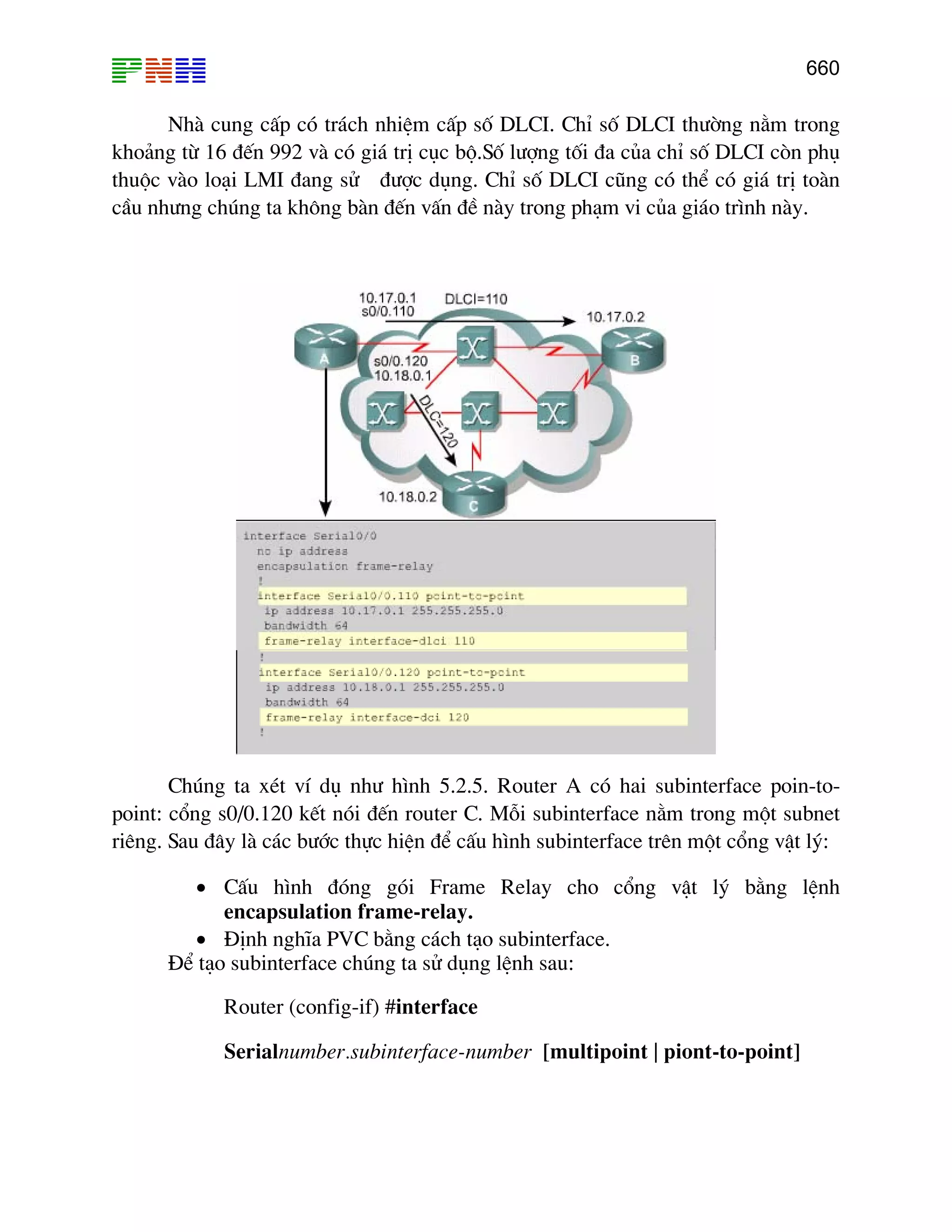 660
Nhµ cung cÊp cã tr¸ch nhiÖm cÊp sè DLCI. ChØ sè DLCI th−êng n»m trong
kho¶ng tõ 16 ®Õn 992 vµ cã gi¸ trÞ côc bé.Sè l−îng tèi ®a cña chØ sè DLCI cßn phô
thuéc vµo lo¹i LMI ®ang sö ®−îc dông. ChØ sè DLCI còng cã thÓ cã gi¸ trÞ toµn
cÇu nh−ng chóng ta kh«ng bµn ®Õn vÊn ®Ò nµy trong ph¹m vi cña gi¸o tr×nh nµy.
Chóng ta xÐt vÝ dô nh− h×nh 5.2.5. Router A cã hai subinterface poin-to-
point: cæng s0/0.120 kÕt nãi ®Õn router C. Mçi subinterface n»m trong mét subnet
riªng. Sau ®©y lµ c¸c b−íc thùc hiÖn ®Ó cÊu h×nh subinterface trªn mét cæng vËt lý:
• CÊu h×nh ®ãng gãi Frame Relay cho cæng vËt lý b»ng lÖnh
encapsulation frame-relay.
• §Þnh nghÜa PVC b»ng c¸ch t¹o subinterface.
§Ó t¹o subinterface chóng ta sö dông lÖnh sau:
Router (config-if) #interface
Serialnumber.subinterface-number [multipoint | piont-to-point]
 