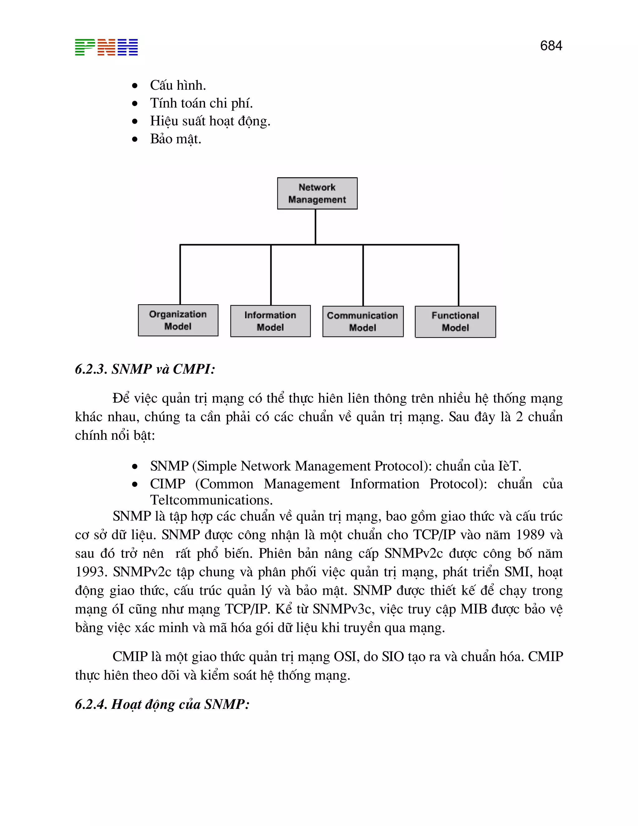 684
• CÊu h×nh.
• TÝnh to¸n chi phÝ.
• HiÖu suÊt ho¹t ®éng.
• B¶o mËt.
6.2.3. SNMP vµ CMPI:
§Ó viÖc qu¶n trÞ m¹ng cã thÓ thùc hiªn liªn th«ng trªn nhiÒu hÖ thèng m¹ng
kh¸c nhau, chóng ta cÇn ph¶i cã c¸c chuÈn vÒ qu¶n trÞ m¹ng. Sau ®©y lµ 2 chuÈn
chÝnh næi bËt:
• SNMP (Simple Network Management Protocol): chuÈn cña IÌT.
• CIMP (Common Management Information Protocol): chuÈn cña
Teltcommunications.
SNMP lµ tËp hîp c¸c chuÈn vÒ qu¶n trÞ m¹ng, bao gåm giao thøc vµ cÊu tróc
c¬ së d÷ liÖu. SNMP ®−îc c«ng nhËn lµ mét chuÈn cho TCP/IP vµo n¨m 1989 vµ
sau ®ã trë nªn rÊt phæ biÕn. Phiªn b¶n n©ng cÊp SNMPv2c ®−îc c«ng bè n¨m
1993. SNMPv2c tËp chung vµ ph©n phèi viÖc qu¶n trÞ m¹ng, ph¸t triÓn SMI, ho¹t
®éng giao thøc, cÊu tróc qu¶n lý vµ b¶o mËt. SNMP ®−îc thiÕt kÕ ®Ó ch¹y trong
m¹ng ãI còng nh− m¹ng TCP/IP. KÓ tõ SNMPv3c, viÖc truy cËp MIB ®−îc b¶o vÖ
b»ng viÖc x¸c minh vµ m· hãa gãi d÷ liÖu khi truyÒn qua m¹ng.
CMIP lµ mét giao thøc qu¶n trÞ m¹ng OSI, do SIO t¹o ra vµ chuÈn hãa. CMIP
thùc hiªn theo dâi vµ kiÓm so¸t hÖ thèng m¹ng.
6.2.4. Ho¹t ®éng cña SNMP:
 