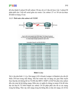 212
để chia thành 8 subnet/30 mỗi subnet /30 này chỉ có 2 địa chỉ host. Lấy 3 subnet/30
ối cho 3 kết nối serial giữa các router. Các subnet /27 và /30 còn lại được
ể dành sử dụng về sau
.1.3 Tính toán chia subnet với VLSM
phân ph
đ
1
Hình 1.1.4.a
Xét ví dụ như hình 1.1.4.a. Hai mạng LAN ở Kuala Lumpur và Bankok yêu cầu tối
thiểu 250 host trong mỗi tháng. Nếu hai router này sử dụng các giao thức tuyến
theo lớp địa chỉ không hỗ trợ VLSM như RIPv1 IGRP và EGP thì phải chia subnet
đều cho toàn bộ hệ thống mạng. Điều này có nghĩa là chúng ta mượn 8 bit để chia
ại chỉ lớp B 172.160.0 thành các subnet /24 rồi phân phối cho tất cả các mạng
mạng trong hệ thống đều có địa chỉ mạng với 24 bit
đ
trong hệ thống. Như vậy mỗi
 