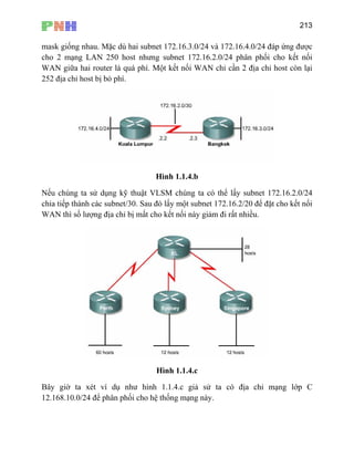 213
mask giống nhau. Mặc dù hai subnet 172.16.3.0/24 và 172.16.4.0/24 đáp ứng được
cho 2 mạng LAN 250 host nhưng subnet 172.16.2.0/24 phân phối cho kết nối
WAN giữa hai router là quá phí. Một kết nối WAN chỉ cần 2 địa chỉ host còn lại
252 địa chỉ host bị bỏ phí.
Hình 1.1.4.b
ếu chúng ta sử dụng kỹ thuật VLSM chúng ta có thể lấy subnet 172.16.2.0/24
thành các subnet/30. Sau đó lấy một subnet 172.16.2/20 để đặt cho
N
chia tiếp kết nối
AN thì số lượng địa chỉ bị mất cho kết nối này giảm đi rất nhiều.W
Hình 1.1.4.c
ây giờ ta xét ví dụ như hình 1.1.4.c giả sử ta có địa chỉ mạng lớp C
12.168.10.0/24 để phân phối cho hệ thống mạng này.
B
 