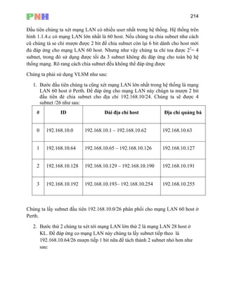 214
Đầu tiên chúng ta xét mạng LAN có nhiều user nhất trong hệ thống. Hệ thống trên
hình 1.1.4.c có mạng LAN lớn nhất là 60 host. Nếu chúng ta chia subnet như cách
cũ chúng tá se chỉ mượn được 2 bit để chia subnet còn lại 6 bit dành cho host mới
đủ đáp ứng cho mạng LAN 60 host. Như g như vậy chúng ta chỉ toa được 22
= 4
ubnet, trong đó sử dụng được tối đa 3 subnet không đủ đáp ứng cho toàn bộ hệ
ống mạng. Rõ rang cách chia subnet đều không thể đáp ứng được
C
it
n
s
th
húng ta phải sử dụng VLSM như sau:
1. Bước đầu tiên chúng ta cũng xét mạng LAN lớn nhất trong hệ thống là mạng
LAN 60 host ở Perth. Để đáp ứng cho mạng LAN này chúgn ta mượn 2 b
đầu tiên đẻ chia subnet cho địa chỉ 192.168.10/24. Chúng ta sẽ được 4
subnet /26 như sau:
# ID Dải địa chỉ host Địa chỉ quảng bá
0 192.168.10.0 192.168.10.1 – 192.168.10.62 192.168.10.63
1 192.168.10.64 192.168.10.65 – 192.168.10.126 192.168.10.127
2 192.168.10.128 192.168.10.129 – 192.168.10.190 192.168.10.191
3 192.168.10.192 192.168.10.193– 192.168.10.254 192.168.10.255
Chúng ta lấy subnet đầu tiên 192.168.10.0/26 phân phối cho mạng LAN 60 host ở
Perth.
2. Bước thứ 2 chúng ta xét tới mạng LAN lớn thứ 2 là mạng LAN 28 host ở
sau:
KL. Để đáp ứng co mạng LAN này chúng ta lấy subnet tiếp theo là
192.168.10.64/26 mượn tiếp 1 bit nữa để tách thành 2 subnet nhỏ hơn như
 