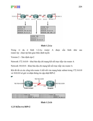 224
Hình 1.2.4.a
Trong ví dụ ở hình 1.2.4.a router A được cấu hình như sau
router rip - chọn rip làm giao thức định tuyến
Version 2 – Xác định ripv2
Network 172.16.0.0 – khai báo địa chỉ mạ g kết nối trực tiếp vào router A
N
Khi
và 10.0.0.0 sẽ gửi và nhận thông tin v2
n
etwork 10.0.0.0 – Khai báo địa chỉ mạng kết nối trực tiếp vào router A
đó tất cả các cổng trên router A kết nối vào mạng hoặc subnet trong 172.16.0.0
cập nhật RIP
Hình 1.2.4.b
1.2.5 Kiểm tra RIPv2
 