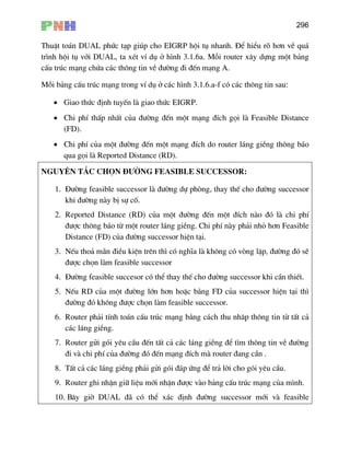 296
Th
tr×n
cÊu
Mç th«ng tin sau:
Nguyªn t¾c chän ®−êng Feasible successor:
a mét ®−êng ®Õn mét ®Ých nµo ®ã lµ chi phÝ
n thiÕt.
−êng lín h¬n hoÆc b»ng FD cña successor hiÖn t¹i th×
îc chän lµm feasible successor.
g c¸ch thu nh©p th«ng tin tõ tÊt c¶
l¸ng giÒng ®Ó t×m th«ng tin vÒ ®−êng
®i vµ chi phÝ cña ®−êng ®ã ®Õn m¹ng ®Ých mµ router ®ang cÇn .
uËt to¸n DUAL phøc t¹p gióp cho EIGRP héi tô nhanh. §Ó hiÓu râ h¬n vÒ qu¸
h héi tô víi DUAL, ta xÐt vÝ dô ë h×nh 3.1.6a. Mçi router x©y dùng mét b¶ng
tróc m¹ng chøa c¸c th«ng tin vÒ ®−êng ®i ®Õn m¹ng A.
i b¶ng cÊu tróc m¹ng trong vÝ dô ë c¸c h×nh 3.1.6.a-f cã c¸c
• Giao thøc ®Þnh tuyÕn lµ giao thøc EIGRP.
• Chi phÝ thÊp nhÊt cña ®−êng ®Õn mét m¹ng ®Ých gäi lµ Feasible Distance
(FD).
• Chi phÝ cña mét ®−êng ®Õn mét m¹ng ®Ých do router l¸ng giÒng th«ng b¸o
qua gäi lµ Reported Distance (RD).
1. §−êng feasible successor lµ ®−êng dù phßng, thay thÕ cho ®−êng successor
khi ®−êng nµy bÞ sù cè.
2. Reported Distance (RD) cñ
®−îc th«ng b¸o tõ mét router l¸ng giÒng. Chi phÝ nµy ph¶i nhá h¬n Feasible
Distance (FD) cña ®−êng successor hiÖn t¹i.
3. NÕu tho¶ m·n ®iÒu kiÖn trªn th× cã nghÜa lµ kh«ng cã vßng lÆp, ®−êng ®ã sÏ
®−îc chän lµm feasible successor
4. §−êng feasible succesor cã thÓ thay thÕ cho ®−êng successor khi cÇ
5. NÕu RD cña mét ®
®−êng ®ã kh«ng ®−
6. Router ph¶i tÝnh to¸n cÊu tróc m¹ng b»n
c¸c l¸ng giÒng.
7. Router göi gãi yªu cÇu ®Õn tÊt c¶ c¸c
8. TÊt c¶ c¸c l¸ng giÒng ph¶i göi gãi ®¸p øng ®Ó tr¶ lêi cho gãi yªu cÇu.
9. Router ghi nhËn gi÷ liÖu míi nhËn ®−îc vµo b¶ng cÊu tróc m¹ng cña m×nh.
10. B©y giê DUAL ®· cã thÓ x¸c ®Þnh ®−êng successor míi vµ feasible
 