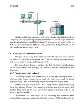 349
Lóc nµy, switch nhËn vµo tõ port sè 4 gãi d÷ liÖu cña m¸y B göi cho m¸y A.
Còng b»ng c¸ch häc ®Þa chØ nguån trong frame nhËn vµo, switch sÏ ghi nhËn ®−îc
vµo b¶ng chuyÓn m¹ch: ®Þa chØ MAC cña m¸y B lµ t−¬ng øng víi port sè 4. §Þa chØ
®Ých cña frame nµy lµ ®Þa chØ MAC cña m¸y A mµ swithc ®· häc tr−íc ®ã. Do ®ã,
switch chØ chuyÓn frame ra port sè 3.
4.2.6. Thêi gian trÔ cña Ethernet switch.
Thêi gian trÔ lµ kho¶ng thêi gian tõ lóc switch b¾t ®Çu nhËn frame cho ®Õn
khi switch ®· chuyÓn hÕt frame ra port ®Ých. Thêi gian trÔ nµy phô thuéc vµo cÊu
h×nh chuyÓn m¹ch vµ l−îng giao th«ng qua switch.
Thêi gian trÔ ®−îc ®o ®¬n vÞ nhá h¬n gi©y. §èi víi thiÕt bÞ m¹ng ho¹t ®éng
víi tèc ®é cao th× mçi mét nano gi©y (ns) trÔ h¬n lµ mét ¶nh h−ëng lín ®Õn ho¹t
®éng m¹ng.
4.2.7. ChuyÓn m¹ch Líp 2 vµ Líp 3.
ChuyÓn m¹ch lµ tiÕn tr×nh nhËn frame vµo tõ mét cæng vµ chuyÓn frame ra
mét cæng kh¸c. Router sö dông chuyÓn m¹ch Líp 3 ®Ó chuyÓn m¹ch c¸c gãi ®·
®−îc ®Þnh tuyÕn xong. Switch sö dông chuyÓn m¹ch Líp 2 ®Ó chuyÓn frame.
ù kh¸c nhau gi÷a chuyÓn m¹ch Líp 2 vµ Líp 3 lµ lo¹i th«ng tin n»m trong
frame ®−îc sö dông ®Ó quyÕt ®Þnh chän cæng ra lµ kh¸c nhau. ChuyÓn m¹ch Líp 2
dùa trªn th«ng tin vÒ ®Þa chØ MAC. Cßn chuyÓn m¹ch Líp 3 th× dùa vµ ®Þa chØ líp
M¹ng vÝ dô nh− ®Þa chØ IP.
ChuyÓn m¹ch Líp 2 nh×n vµo ®Þa chØ MAC ®Ých trong phÇn header cña frame
vµ chuyÓn frame ra ®óng port dùa theo th«ng tin vÒ ®Þa chØ MAC trªn b¶ng chuyÓn
S
 