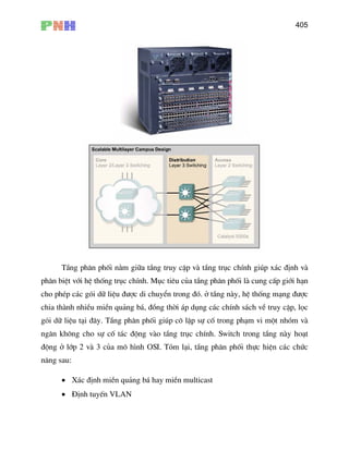 405
TÇng ph©n phèi n»m gi÷a tÇng truy cËp vµ tÇng trôc chÝnh gióp x¸c ®Þnh vµ
cho phÐp c¸c gãi d÷ liÖu ®−îc di chuyÓn trong ®ã. ë tÇng nµy, hÖ thèng m¹ng ®−îc
• X¸c ®Þnh miÒn qu¶ng b¸ hay miÒn multicast
ph©n biÖt víi hÖ thèng trôc chÝnh. Môc tiªu cña tÇng ph©n phèi lµ cung cÊp giíi h¹n
chia thµnh nhiÒu miÒn qu¶ng b¸, ®ång thêi ¸p dông c¸c chÝnh s¸ch vÒ truy cËp, läc
gãi d÷ liÖu t¹i ®©y. TÇng ph©n phèi gióp c« lËp sù cè trong ph¹m vi mét nhãm vµ
ng¨n kh«ng cho sù cè t¸c ®éng vµo tÇng trôc chÝnh. Switch trong tÇng nµy ho¹t
®éng ë líp 2 vµ 3 cña m« h×nh OSI. Tãm l¹i, tÇng ph©n phèi thùc hiÖn c¸c chøc
n¨ng sau:
• §Þnh tuyÕn VLAN
 