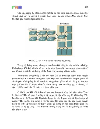 447
CÊu tróc m¹ng dù phßng ®−îc thiÕt kÕ ®Ó b¶o ®¶m m¹ng tiÕp ho¹t ®éng khi
cã mét sù cè x¶y ra, user sÏ Ýt bÞ gi¸n ®o¹n c«ng viÖc cña hä h¬n. Mäi sù gi¸n ®o¹n
do sù cè g©y ra cµng ng½n cµng tèt.
H×nh 7.2.1.a. Mét vÝ dô vÒ cÊu tróc dù phßng.
Trong hÖ thèng m¹ng, chóng ta t¹o nhiÒu kÕt nèi gi÷a c¸c switch vµ bridge
®Ó dù phßng. C¸c kÕt nåi nµy sÏ t¹o ra c¸c vßng lÆp vËt lý trong m¹ng nh−ng nÕu cã
mét kÕt nèi bÞ ®øt thi l−u l−îng cã thÓ ®−îc chuyÒn sang kÕt nèi kh¸c.
Switch ho¹t ®éng ë líp 2 cña m«i h×nh OSI vµ thùc hiÖn quyÕt ®Þnh chuyÓn
gãi ë líp nµy. Khi Switch kh«ng x¸c ®Þnh ®−îc port ®Ých th× nã sÏ chuyÓn gãi ra tÊt
c¶ rt
nhËn gãi vµo. Do ®ã,
To L
«ng tin líp 2 trong gãi d÷ liÖu kh«ng cã
µo vßng lÆp líp 2 cña cÊu tróc m¹ng chuyÓn
m¹ch, nã sÏ bÞ lÆp vßng ®Õn v« tËn v× kh« rong frame gióp lo¹i
bá èng m¹ng tiªu tèn b¨ng th«ng vµ cã thÓ
dÉn Õ
c¸c port. Gãi qu¶ng b¸ vµ multicast còng ®−îc göi ra tÊt c¶ c¸c port trõ po
m¹ng chuyÓn m¹ch kh«ng ®−îc cã vßng lÆp, v× nh− vËy sÏ
g©y ra nhiÒu sù cè nh− ®· ph©n tÝch ë c¸c phÇn trªn.
ë líp 3, mçi khi gãi d÷ liÖu ®i qua mét Router, tr−êng thêi gian sèng (Time
Live – TTL) sÏ gi¶m ®i mét gi¸ trÞ vµ gãi d÷ liÖu sÏ bÞ huû bá khi tr−êng TT
®¹t ®Õn gi¸ trÞ 0. Trong khi ®ã, phÇn th
tr−¬ng TTL. Do ®ã, nÕu frame bÞ r¬i v
ng cã th«ng tin nµo t
frame khi bÞ lÆp vßng. §iÒu ®ã lµm hÖ th
® n bÞ tª liÖt.
 