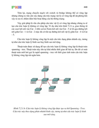 448
Tãm l¹i, m¹ng chuyÓn m¹ch víi switch vµ bridge kh«ng thÓ cã vßng lÆp
nh−ng chóng ta vÉn cÇn x©y dùng cÊu tróc m¹ng vËt lý cã vßng l¾p ®Ó dù phßng khi
spanning - tree. ThuËt to¸n nµy tån t¹i kh¸ nhiÒu thêi
x¶y ra sù cè, nh»m ®¶m b¶o ho¹t ®éng cña hÖ thèng m¹ng.
VËy gi¶i ph¸p lµ vÉn cho phÐp cÊu tróc vËt lý cã vßng lÆp nh−ng chóng ta sÏ
t¹o cÊu tróc luËn lý kh«ng cã vßng lÆp. VÝ dô nh− trªn h×nh 7.2.1.a, giao th«ng tõ
c¸c user kÕt nèi vµo Cat - 4 ®Õn server Farm kÕt nèi vµo Cat - 5 sÏ ®i qua ®−êng kÕt
nèi gi÷a Cat - 1 vµ Cat - 2 mÆc dï cã tån t¹i ®−êng kÕt nèi vËt lý gi÷a Cat - 4 vµ Cat
- 5.
CÊu tróc luËn lý kh«ng vßng lÆp lµ mét cÊu tróc d¹ng ph©n nh¸nh c©y, t−¬ng
tù nh− cÊu tróc luËn lý h×nh sao hay h×nh sao më réng.
ThuËt to¸n ®−îc sö dông ®Ó t¹o cÊu tróc luËn lý kh«ng vßng lÆp lµ thuËt to¸n
gian ®Ó héi tô. Do ®ã cã mét
thuËt to¸n míi h¬i gäi lµ rapid spanning - tree víi thêi gian tinh to¸n cÊu tróc luËn
lý kh«ng vßng lÆp rót ng¾n h¬n.
H×nh 7.2.1.b. CÊu tróc luËn lý kh«ng vßng lÆp ®−îc t¹o ra bëi Spanning - Tree.
CÊu tróc nµy theo d¹ng ph©n nh¸nh h×nh c©y, t−¬ng tù nh− cÊu tróc luËn lý h×nh
sao më réng.
 