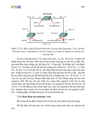 451
H×n hi
t
qu¸ tr×nh bÇu chän bridge gèc Tõ bridge gèc, hai nh¸nh
tõ port 1/1, 1/2 ®−îc më lªn
−îc chän lµm port
−îc chän lµm port gèc ®Ó nèi vÒ gèc. Sau khi
®· x¸c ®Þnh xong port gèc ®Ó
xem
segme t LAN chØ cã mét
sw
vµ Cat - C sÏ chØ ®Þnh ra mét switch ®
Cat - B
Cat - C
ning - tree.
ng m¹ng tu©n theo c¸c nguyªn t¾c
h 7.2.2.d. Mét vÝ dô ®Ó kÕt qu¶ tÝnh to¸n cña giao thøc Spanning - Tree. Sau k
Ýnh to¸n xong, vÒ mÆt luËn lý, cÊu tróc m¹ng sÏ cã d¹ng rÏ nh¸nh c©y, kh«ng cßn
vßng lÆp n÷a.
Ta xÐt vÝ dô nh− h×nh 7.2.2.c. Ba switch Cat - A, Cat - B vµ Cat - C ®−îc nèi
thµnh vßng trßn víi nhau. Nh− vËy lµ tån t¹i mét vßng lÆp vÒ mÆt vËt lý. §Çu tiªn,
®· chän Cat - A lµm gèc.
®Ó kÕt nèi xuèng hai switch Cat - B vµ Cat - C. Trªn
Cat - B, port 1/1 cã chi phÝ nèi vÒ gèc thÊp nhÊt nªn port nµy ®
gèc. T−¬ng tù trªn Cat - C, port 1/1 ®
thiÕt lËp kÕt nèi vÒ bridge gèc, Cat - B vµ Cat - C sÏ
xÐt c¸c port cßn l¹i. Chóng nhËn thÊy port 1/2 cña chóng cïng nèi vµo mét
nt LAN. §Ó t¹o cÊu tróc h×nh c©y, trong mçi segmen
itch ®−îc më mét ®−êng ®Ó kÕt nèi tõ gèc vµo segment LAN ®ã. Do ®ã, Cat - B
−îc truy xuÊt vµo segment LAN nµy. KÕt qu¶,
®−îc chän vµ port 1/2 cña nã ®−îc chØ ®Þnh më kÕt nèi vµo segment LAN.
kh«ng ®−îc chØ ®inh nªn port 1/2 cña nã bÞ kho¸ l¹i.
7.2.3. Ho¹t ®éng cña span
Khi m¹ng ®· æn ®Þnh vµ héi tô chØ cã mét c©y duy nhÊt trong mét m¹ng.
§Ó ®¹t ®−îc kÕt qu¶ nµy, c¸c switch tro
sau:
 