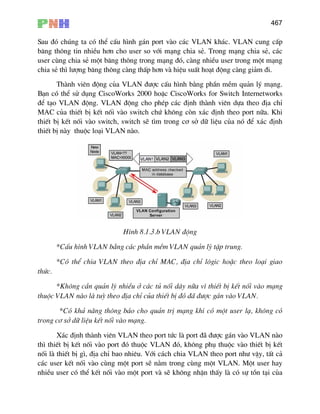 467
Sau ®ã chóng ta cã thÓ cÊu h×nh g¸n port vµo c¸c VLAN kh¸c. VLAN cung cÊp
b¨ng th«ng tin nhiÒu h¬n cho user so víi m¹ng chia sÎ. Trong m¹ng chia sÎ, c¸c
user cïng chia sÎ mét b¨ng th«ng trong m¹ng ®ã, cµng nhiÒu user trong mét m¹ng
chia sÎ th× l−îng b¨ng th«ng cµng thÊp h¬n vµ hiÖu suÊt ho¹t ®éng cµng gi¶m ®i.
Thµnh viªn ®éng cña VLAN ®−îc cÊu h×nh b»ng phÇn mÒm qu¶n lý m¹ng.
B¹n cã thÓ sö dông CiscoWorks 2000 hoÆc CiscoWorks for Switch Internetworks
®Ó t¹o VLAN ®éng. VLAN ®éng cho phÐp c¸c ®Þnh thµnh viªn dùa theo ®Þa chØ
MAC cña thiÕt bÞ kÕt nèi vµo switch chø kh«ng cßn x¸c ®Þnh theo port n÷a. Khi
thiÕt bÞ kÕt nèi vµo switch, switch sÏ t×m trong c¬ së d÷ liÖu cña nã ®Ó x¸c ®Þnh
thiÕt bÞ nµy thuéc lo¹i VLAN nµo.
H×nh 8.1.3.b VLAN ®éng
*CÊu h×nh VLAN b»ng c¸c phÇn mÒm VLAN qu¶n lý tËp trung.
*Cã thÓ chia VLAN theo ®Þa chØ MAC, ®Þa chØ l«gic hoÆc theo lo¹i giao
thøc.
*Kh«ng cÇn qu¶n lý nhiÒu ë c¸c tñ nèi d©y n÷a v× thiÕt bÞ kÕt nèi vµo m¹ng
thuéc VLAN nµo lµ tuú theo ®Þa chØ cña thiÕt bÞ ®ã ®· ®−îc g¸n vµo VLAN.
*Cã kh¶ n¨ng th«ng b¸o cho qu¶n trÞ m¹ng khi cã mét user l¹, kh«ng cã
trong c¬ së d÷ liÖu kÕt nèi vµo m¹ng.
X¸c ®Þnh thµnh viªn VLAN theo port tøc lµ port ®· ®−îc g¸n vµo VLAN nµo
th× thiÕt bÞ kÕt nèi vµo port ®ã thuéc VLAN ®ã, kh«ng phô thuéc vµo thiÕt bÞ kÕt
nèi lµ thiÕt bÞ g×, ®Þa chØ bao nhiªu. Víi c¸ch chia VLAN theo port nh− vËy, tÊt c¶
c¸c user kÕt nèi vµo cïng mét port sÏ n»m trong cïng mét VLAN. Mét user hay
nhiÒu user cã thÓ kÕt nèi vµo mét port vµ sÏ kh«ng nhËn thÊy lµ cã sù tån t¹i cña
 