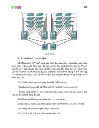 476
H×nh 8.2.2
8.2.3 CÊu hinh VLAN cè ®Þnh.
VLAN cè ®Þnh lµ VLAN ®−îc cÊu h×nh theo port trªn switch b»ng c¸c phÇn
mÒm qu¶n lý hoÆc cÊu h×nh trùc tiÕp trªn switch. C¸c port ®· ®−îc g¸n vµo VLAN
nµo th× nã sÏ gi÷ nguyªn cÊu h×nh VLAN ®ã cho ®Õn khi ®−îc thay ®æi b»ng lÖnh.
§©y lµ cÊu tróc VLAN theo ®Þa lý, c¸c user ph¶i ®i qua thiÕt bÞ líp 3 míi truy cËp
80% tµi nguyªn m¹ng. Lo¹i VLAN cè ®Þnh ho¹t ®éng tèt trong nh÷ng m¹ng cã ®Æc
®iÓm nh− sau:
• Sù di chuyÓn trong m¹ng ®−îc qu¶n lý vµ kiÓm so¸t.
• Cã phÇn mÒm qu¶n lý VLAN m¹nh ®Ó cÊu h×nh port trªn switch.
• Kh«ng dµnh nhiÒu t¶i cho ho¹t ®éng duy tri ®Þa chØ MAC cña thiÕt bÞ ®Çu
cuèi vµ ®iÒu chØnh b¶ng ®Þa chØ.
VLAN ®éng th× kh«ng phô thuéc vµo port trªn switch.
Sau ®©y lµ c¸c h−íng dÉn khi b¹n cÊu h×nh VLAN trªn Cisco 29xx switch:
• Sè l−îng VLAN tèi ®a phô thuéc vµo switch.
• VLAN 1 lµ VLAN mÆc ®Þnh cña nhµ s¶n xuÊt.
 