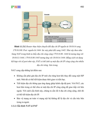 492
Hình 1.1.3.f. Router thực hiện chuyển đổi địa chỉ IP nguồn từ 10.0.0.4 sang
179.9.8.80. Port nguồn là 1444 lúc này phải đổi sang 1445. Như vậy theo như
bảng NAT trong hình ta thấy địa chỉ công cộng 179.9.8.80: 1444 là tương ứng với
10.0.0.3:1444, 179.9.8.80:1445 tương ứng với 10.0.0.4:1444. Bằng cách sử dụng
kết hợp với số port như vậy, PAT có thể ánh xạ một địa chỉ IP công cộng cho nhiều
địa chỉ riêng bên trong.
NAT cung cấp những lợi điểm sau:
• Không cần phải gán địa chỉ IP mới cho từng host khi thay đổi sang một ISP
mới. Nhờ đó có thể tiết kiệm được thời gian và tiền bạc.
• Tiết kiệm địa chỉ thông qua ứng dụng ghép kênh cấp độ port. Với PAT, các
host bên trong có thể chia sẻ một địa chỉ IP công cộng để giao tiếp với bên
ngoài. Với cách cấu hình này, chúng ta cần rất ít địa chỉ công cộng, nhờ đó
có thể tiết kiệm địa chỉ IP.
• Bảo vệ mạng an toàn vì mạng nội bộ không để lộ địa chỉ và cấu trúc bên
trong ra ngoài.
1.1.4. Cấu hình NAT và PAT
 