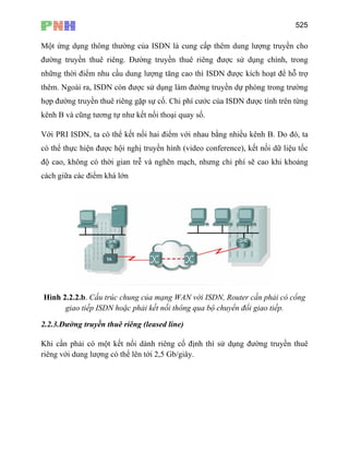 525
Một ứng dụng thông thường của ISDN là cung cấp thêm dung lượng truyền cho
đường truyền thuê riêng. Đường truyền thuê riêng được sử dụng chính, trong
những thời điểm nhu cầu dung lượng tăng cao thì ISDN được kích hoạt để hỗ trợ
thêm. Ngoài ra, ISDN còn được sử dụng làm đường truyền dự phòng trong trường
hợp đường truyền thuê riêng gặp sự cố. Chi phí cước của ISDN được tính trên từng
kênh B và cũng tương tự như kết nối thoại quay số.
Với PRI ISDN, ta có thể kết nối hai điểm với nhau bằng nhiều kênh B. Do đó, ta
có thể thực hiện được hội nghị truyền hình (video conference), kết nối dữ liệu tốc
độ cao, không có thời gian trễ và nghẽn mạch, nhưng chi phí sẽ cao khi khoảng
cách giữa các điểm khá lớn
Hình 2.2.2.b. Cấu trúc chung của mạng WAN với ISDN, Router cần phải có cổng
giao tiếp ISDN hoặc phải kết nối thông qua bộ chuyển đổi giao tiếp.
2.2.3.Đường truyền thuê riêng (leased line)
Khi cần phải có một kết nối dành riêng cố định thì sử dụng đường truyền thuê
riêng với dung lượng có thể lên tới 2,5 Gb/giây.
 