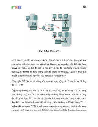529
Hình 2.2.4. Mạng X25
X.25 có chi phí thấp và hiệu quả vì chi phí cước được tính theo lưu lượng dữ liệu
chứ không tính theo thời gian kết nối và khoảng cách của kết nối. Dữ liệu được
truyền đi với bất kỳ tốc độ nào lên tới mức độ tối đa của đường truyền. Nhưng
mạng X.25 thường có dung lượng thấp, tối đa là 48 Kb/giây. Ngoài ra thời gian
truyền gói dữ liệu cũng bị trễ do đặc trưng của mạng chia sẻ.
Công nghệ X.25 từ lâu đã không còn được sử dụng rộng rãi. Frame Relay đã thay
thế cho X.25
Ứng dụng thường thấy của X.25 là trên các máy đọc thẻ tín dụng. Tại các trung
tâm thương mại, siêu thị, khi khach hàng sử dụng thẻ để thanh toán thì các máy
đọc thẻ sẽ sử dụng X.25 để liên hệ với máy tính trung tâm xác định giá trị của thẻ,
thực hiện giao dịch thanh toán. Một số công ty còn sử dụng X.25 trên mạng VAN (
Value-add network). VAN là một mạng riêng được các công ty thuê từ nhà cung
cấp dịch vụ để thực hiện trao đổi dữ liệu về tài chính và nhiều thông tin thương mại
 