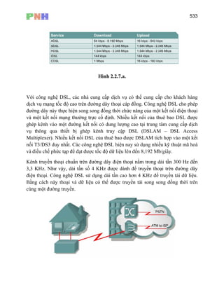 533
Hình 2.2.7.a.
Với công nghệ DSL, các nhà cung cấp dịch vụ có thế cung cấp cho khách hàng
dịch vụ mạng tốc độ cao trên đường dây thoại cáp đồng. Công nghệ DSL cho phép
đường dây này thực hiện song song đồng thời chức năng của một kết nối điện thoại
và một kết nối mạng thường trực cố định. Nhiều kết nối của thuê bao DSL được
ghép kênh vào một đường kết nối có dung lượng cao tại trung tâm cung cấp dịch
vụ thông qua thiết bị ghép kênh truy cập DSL (DSLAM – DSL Access
Multiplexer). Nhiều kết nối DSL của thuê bao được DSLAM tích hợp vào một kết
nối T3/DS3 duy nhất. Các công nghệ DSL hiện nay sử dụng nhiều kỹ thuật mã hoá
và điều chế phức tạp để đạt được tốc độ dữ liệu lên đến 8,192 Mb/giây.
Kênh truyền thoại chuẩn trên đường dây điện thoại nằm trong dải tần 300 Hz đến
3,3 KHz. Như vậy, dải tần số 4 KHz được dành để truyền thoại trên đường dây
điện thoại. Công nghệ DSL sử dụng dải tần cao hơn 4 KHz để truyền tải dữ liệu.
Bằng cách này thoại và dữ liệu có thể được truyền tải song song đồng thời trên
cùng một đường truyền.
 