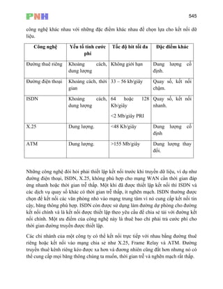 545
công nghệ khác nhau với những đặc điểm khác nhau để chọn lựa cho kết nối dữ
liệu.
Công nghệ Yếu tố tính cước
phí
Tốc độ bit tối đa Đặc điểm khác
Đường thuê riêng Khoảng cách,
dung lượng
Không giới hạn Dung lượng cố
định.
Đường điện thoại Khoảng cách, thời
gian
33 – 56 kb/giây Quay số, kết nối
chậm.
ISDN Khoảng cách,
dung lượng
64 hoặc 128
Kb/giây
<2 Mb/giây PRI
Quay số, kết nối
nhanh.
X.25 Dung lượng. <48 Kb/giây Dung lượng cố
định
ATM Dung lượng. >155 Mb/giây Dung lượng thay
đổi.
Những công nghệ đòi hỏi phải thiết lập kết nối trước khi truyền dữ liệu, ví dụ như
đường điện thoại, ISDN, X.25, không phù hợp cho mạng WAN cần thời gian đáp
ứng nhanh hoặc thời gian trễ thấp. Một khi đã được thiết lập kết nối thì ISDN và
các dịch vụ quay số khác có thời gian trễ thấp, ít nghẽn mạch. ISDN thường được
chọn để kết nối các văn phòng nhỏ vào mạng trung tâm vì nó cung cấp kết nối tin
cậy, băng thông phù hợp. ISDN còn được sử dụng làm đường dự phòng cho đường
kết nối chính và là kết nối được thiết lập theo yêu cầu để chia sẻ tải với đường kết
nối chính. Một ưu điểm của công nghệ này là thuê bao chỉ phải trả cước phí cho
thời gian đường truyền được thiết lập.
Các chi nhánh của một công ty có thể kết nối trực tiếp với nhau bằng đường thuê
riêng hoặc kết nối vào mạng chia sẻ như X.25, Frame Relay và ATM. Đường
truyền thuê kênh riêng kéo được xa hơn và đương nhiên cũng đắt hơn nhưng nó có
thể cung cấp mọi băng thông chúng ta muốn, thời gian trễ và nghẽn mạch rất thấp.
 