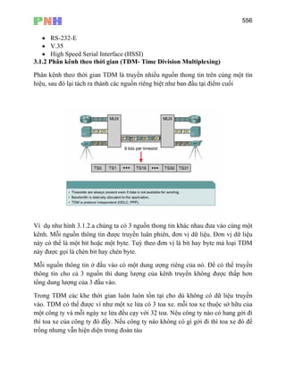 556
• RS-232-E
• V.35
• High Speed Serial Interface (HSSI)
3.1.2 Phân kênh theo thời gian (TDM- Time Division Multiplexing)
Phân kênh theo thời gian TDM là truyền nhiều nguồn thong tin trên cùng một tín
hiệu, sau đó lại tách ra thành các nguồn riêng biệt như ban đầu tại điểm cuối
Ví dụ như hình 3.1.2.a chúng ta có 3 nguồn thong tin khác nhau đưa vào cùng một
kênh. Mỗi nguồn thông tin được truyền luân phiên, đơn vị dữ liệu. Đơn vị dữ liệu
này có thể là một bit hoặc một byte. Tuỳ theo đơn vị là bit hay byte mà loại TDM
này được gọi là chèn bit hay chèn byte.
Mỗi nguồn thông tin ở đầu vào có một dung ượng riêng của nó. Để có thể truyền
thông tin cho cả 3 nguồn thì dung lượng của kênh truyền không được thấp hơn
tổng dung lượng của 3 đầu vào.
Trong TDM các khe thời gian luôn luôn tồn tại cho dù không có dữ liệu truyền
vào. TDM có thể được ví như một xe lửa có 3 toa xe. mỗi toa xe thuộc sở hữu của
một công ty và mỗi ngày xe lửa đều cạy với 32 toa. Nêu công ty nào có hang gởi đi
thì toa xe của công ty đó đầy. Nếu công ty nào không có gì gởi đi thì toa xe đó để
trống nhưng vẫn hiện diện trong đoàn tàu
 