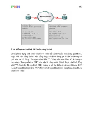 580
3.3.4 Kiểm tra cấu hình PPP trên cổng Serial
Chúng ta sử dụng lệnh show interfaces serial để kiểm tra cấu hình đóng gói HDLC
hoặc PPP trên cổng Serial. Nếu cổng được cấu hinh đóng gói HDLC thì trong kết
quả hiển thị có dòng “Encapsulation HDLC”. Ví dụ như trên hình 3.3.4 chúng ta
thấy dòng “Encapsulation PPP” như vậy là cổng serial 0/0 đã được cấu hình đóng
gói PPP. Sauk hi đã cấu hình PPP, chúng ta có thể kiểm tra trạng thái của LCP
(Link Control Protocol ) và NCP (Network Control Protocol) cũng bằng lệnh Show
interfaces serial
 