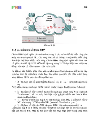 592
Hình 4.1.4b
4.1.5 Các điểm liên kết trong ISDN
Chuẩn ISDN định nghĩa các nhóm chức năng là các nhóm thiết bị phần cứng cho
phép user truy cập dịch PRI. Các hang sản xuất có thể tạo ra một thi bị phần cứng
thực hiện một hoặc nhiều chức năng. Chuẩn ISDN cũng định nghĩa bốn điểm liên
kết giữa các thiết bị ISDN. Mỗi thiết bị trong mạng ISDN thực hiện một nhiệm vụ
để tạo nên một kết nối đầu cuối - đến - đầu cuối
Để kết nối các thiết bị khác nhau với các chức năng khác nhau các điểm giao tiếp
giữa hai thiết bị phải được chuẩn hoá. Các điểm giao tiếp bên phía khách hang
trong kết nối ISDN bao gồm những điểm sau:
• R – là điểm liên kết giữa thiết bị đầu cuối loại 2 (TE2 – Terminal Equipment
(ty
Pe 2) không tương thích với ISDN và thiết bị chuyển đổi TA (Terminal Adapter)
• S – là điểm kết nối vào thiết bị chuyển mạch của khách hang NT2 (Network
Termination 2) và cho phép thực hiện cuộc gọi giữa nhiều loại thiết bị khác
nhau của khách hang
• T - Tương tự như giao tiếp S về mặt tín hiệu điện. Đây là điểm kết nối từ
NT2 vào mạng ISDN hay cho NT1 (Network Termination type 1)
• U – là điểm kết nối giữa NT1 và mạng ISDN của nhà cung cấp dịch vụ
Điểm giao tiếp S và T tương tự nhau về mặt tín hiệu điện nên có nhiều cổng giao
tiếp dán nhã là S/T. Mặc dù hai giao tiếp này thực hiện chức năng khác nhau
 