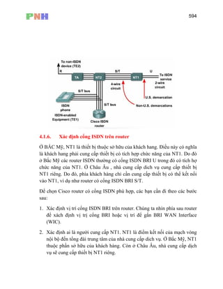 594
4.1.6. Xác định cổng ISDN trên router
Ở BẮC Mỹ, NT1 là thiết bị thuộc sở hữu của khách hang. Điều này có nghĩa
là khách hang phải cung cấp thiết bị có tích hợp chức năng của NT1. Do đó
ở Bắc Mỹ các router ISDN thường có cổng ISDN BRI U trong đó có tích hợ
chức năng của NT1. Ở Châu Âu , nhà cung cấp dich vụ cung cấp thiết bị
NT1 riêng. Do đó, phía khách hàng chỉ cần cung cấp thiết bị có thể kết nối
vào NT1, ví dụ như router có cổng ISDN BRI S/T.
Để chọn Cisco router có cổng ISDN phù hợp, các bạn cần đi theo các bước
sau:
1. Xác định vị trí cổng ISDN BRI trên router. Chúng ta nhìn phía sau router
để xách định vị trị cổng BRI hoặc vị trí để gắn BRI WAN Interface
(WIC).
2. Xác định ai là người cung cấp NT1. NT1 là điểm kết nối của mạch vòng
nội bộ đến tổng đài trung tâm của nhà cung cấp dich vụ. Ở Bắc Mỹ, NT1
thuộc phần sở hữu của khách hàng. Còn ở Châu Âu, nhà cung cấp dịch
vụ sẽ cung cấp thiết bị NT1 riêng.
 
