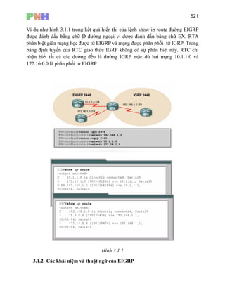 621
Ví dụ như hình 3.1.1 trong kết quả hiển thị của lệnh show ip route đường EIGRP
được đánh dấu bằng chữ D đường ngoại vi được đánh dấu bằng chữ EX. RTA
phân biệt giữa mạng học được từ EIGRP và mạng được phân phối từ IGRP. Trong
bảng định tuyến của RTC giao thức IGRP không có sự phân biệt này. RTC chỉ
nhận biết tất cả các đường đều là đường IGRP mặc dù hai mạng 10.1.1.0 và
172.16.0.0 là phân phối từ EIGRP
Hình 3.1.1
3.1.2 Các khái niệm và thuật ngữ của EIGRP
 