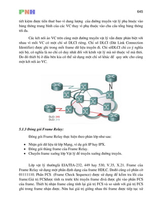 645
tiÕt kiÖm ®−îc tiÒn thuª bao v× dung l−îng cña ®−êng truyÒn vËt lý phô htuéc vµo
b¨ng th«ng trung b×nh cña c¸c VC thay v× phô thuéc vµo chu cÇu tæng b¨ng th«ng
tèi ®a.
C¸c kÕt nèi ¶o VC trªn cïng mét ®−êng truyÒn vËt lý vÉn ®−îc ph©n biÖt víi
nhau v× mçi VC cã mét chØ sè DLCI riªng. ChØ sè DLCI (D©t Link Connection
Identifier) ®−îc ghi trong mçi frame d÷ liÖu truyÒn ®i. ChØ sèDLCI chØ co ý nghÜa
néi bé, cã nghÜa lµ no chØ cã duy nhÊt ®èi víi kªnh vËt lý mµ nã thuéc vÒ mµ th«i.
Do ®ã thiÕt bÞ ë ®Çu bªn kia cã thÓ sö dông mét chØ sè kh¸c ®Ó quy −íc cho cïng
mét kÕt nèi ¶o VC.
5.1.3 §ãng gãi Frame Relay:
§ãng gãi Frame Relay thùc hiÖn theo ph©n líp nh− sau:
• NhËn gãi d÷ liÖu tõ líp M¹ng, vÝ dô gãi IP hay IPX.
• §ãng gãi thµng frame cña Frame Relay.
• ChuyÓn frame xuèng líp VËt lý ®Ó truyÒn xuèng ®−êng truyÒn.
Líp vËt lý th−ênglµ EIA/TIA-232, 449 hay 530, V.35, X.21. Frame cña
Frame Relay sö dông mét phÇn ®Þnh d¹ng cña frame HDLC. Do®ã còng cã phÇn cê
01111110. PhÇn FCS (Frame Check Sequence) ®−îc sö dông ®Ó kÓim tra lçi cña
frame.Gi¸ trÞ FCS®−îc tÝnh ra tr−íc khi truyÒn frame ®ivµ ®−îc ghi vµo phÇn FCS
cña frame. ThiÕt bÞ nhËn frame còng tÝnh l¹i gi¸ trÞ FCS vµ so s¸nh víi gi¸ trÞ FCS
ghi trong frame nhËn ®−îc. Nõu hai gi¸ trÞ gièng nhau thi frame ®−îc tiÕp tôc xö
 