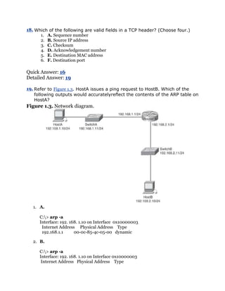 18. Which of the following are valid fields in a TCP header? (Choose four.)
      1. A. Sequence number
      2. B. Source IP address
      3. C. Checksum
      4. D. Acknowledgement number
      5. E. Destination MAC address
      6. F. Destination port

Quick Answer: 16
Detailed Answer: 19

19. Refer to Figure 1.3. HostA issues a ping request to HostB. Which of the
    following outputs would accuratelyreflect the contents of the ARP table on
    HostA?
Figure 1.3. Network diagram.




   1. A.

      C:> arp -a
      Interface: 192. 168. 1.10 on Interface 0x10000003
       Internet Address Physical Address Type
       192.168.1.1      00-0c-85-4c-05-00 dynamic

   2. B.

      C:> arp -a
      Interface: 192. 168. 1.10 on Interface 0x10000003
       Internet Address Physical Address Type
 