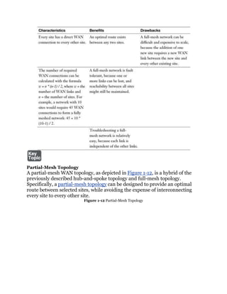 Partial-Mesh Topology
A partial-mesh WAN topology, as depicted in Figure 1-12, is a hybrid of the
previously described hub-and-spoke topology and full-mesh topology.
Specifically, a partial-mesh topology can be designed to provide an optimal
route between selected sites, while avoiding the expense of interconnecting
every site to every other site.
                         Figure 1-12 Partial-Mesh Topology
 