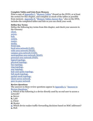 Complete Tables and Lists from Memory
Print a copy of Appendix C, ―Memory Tables‖ (found on the DVD), or at least
the section for this chapter, and complete as much of the tables as possible
from memory. Appendix D, ―Memory Tables Answer Key,‖ also on the DVD,
includes the completed tables and lists so you can check your work.
Define Key Terms
Define the following key terms from this chapter, and check your answers in
the Glossary:
client,
server,
hub,
switch,
router,
media,
WAN link,
local-area network (LAN),
wide-area network (WAN),
campus-area network (CAN),
metropolitan-area network (MAN),
personal-area network (PAN),
logical topology,
physical topology,
bus topology,
ring topology,
star topology,
hub-and-spoke topology,
full-mesh topology,
partial-mesh topology,
client-server network,
peer-to-peer network
Review Questions
The answers to these review questions appear in Appendix A, ―Answers to
Review Questions.‖
1. Which of the following is a device directly used by an end user to access a
network?
a. Server
b. LAN
c. Client
d. Router
2. Which device makes traffic-forwarding decisions based on MAC addresses?
a. Hub
 