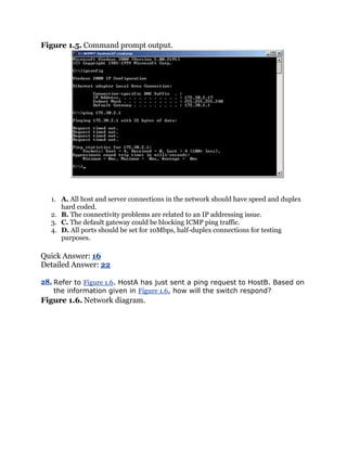 Figure 1.5. Command prompt output.




   1. A. All host and server connections in the network should have speed and duplex
      hard coded.
   2. B. The connectivity problems are related to an IP addressing issue.
   3. C. The default gateway could be blocking ICMP ping traffic.
   4. D. All ports should be set for 10Mbps, half-duplex connections for testing
      purposes.

Quick Answer: 16
Detailed Answer: 22

28. Refer to Figure 1.6. HostA has just sent a ping request to HostB. Based on
    the information given in Figure 1.6, how will the switch respond?
Figure 1.6. Network diagram.
 