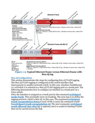 Figure 1-9. Typical Ethernet frame versus Ethernet frame with
                             802.1Q tag
802.1Q Configuration
This section demonstrates the steps for configuring 802.1Q VLAN tagging.
The 802.1Q VLAN tagging is configured at the switch interface that
interconnects to another network switch. In this case, interface FastEthernet
0/1 of Switch A is selected as a 802.1Q VLAN tagging port or a trunk port. The
following demonstrates how to configure an interface as a trunk port on a
Cisco switch.
First, the interface is assigned as a trunk port by the command switchport
mode trunk. This essentially turns on trunking. The next step is to define the
tagging protocol, which is 802.1Q, in this case. The command switchport
trunk encapsulation dot1q is used. If ISL is used, the command would
beswitchport trunk encapsulation isl. The next command, switchport
trunk allowed vlan vlan-id, is optional, but it is useful in limiting VLANs
that can be carried across the link.
 
