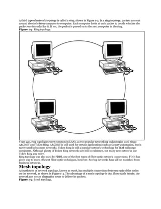 A third type of network topology is called a ring, shown in Figure 1-3. In a ring topology, packets are sent
around the circle from computer to computer. Each computer looks at each packet to decide whether the
packet was intended for it. If not, the packet is passed on to the next computer in the ring.
Figure 1-3: Ring topology.




Years ago, ring topologies were common in LANs, as two popular networking technologies used rings:
ARCNET and Token Ring. ARCNET is still used for certain applications such as factory automation, but is
rarely used in business networks. Token Ring is still a popular network technology for IBM midrange
computers. Although plenty of Token Ring networks are still in existence, not many new networks use
Token Ring any more.
Ring topology was also used by FDDI, one of the first types of fiber-optic network connections. FDDI has
given way to more efficient fiber-optic techniques, however. So ring networks have all but vanished from
business networks.
Mesh topology
A fourth type of network topology, known as mesh, has multiple connections between each of the nodes
on the network, as shown in Figure 1-4. The advantage of a mesh topology is that if one cable breaks, the
network can use an alternative route to deliver its packets.
Figure 1-4: Mesh topology.
 