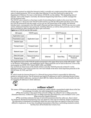TCP/IP, the protocol on which the Internet is built, is actually not a single protocol but rather an entire
suite of related protocols. TCP is even older than Ethernet. It was first conceived in 1969 by the
Department of Defense. For more on the history of TCP/IP, see the sidebar, "The fascinating story of
TCP/IP," later in this chapter. Currently, the Internet Engineering Task Force, or IETF, manages the
TCP/IP protocol suite.
The TCP/IP suite is based on a four-layer model of networking that is similar to the seven-layer OSI
model. Figure 2-7 shows how the TCP/IP model matches up with the OSI model and where some of the
key TCP/IP protocols fit into the model. As you can see, the lowest layer of the model, the Network
Interface layer, corresponds to the OSI model's Physical and Data Link layers. TCP/IP can run over a wide
variety of Network Interface layer protocols, including Ethernet, as well as other protocols, such as Token
Ring and FDDI (an older standard for fiber-optic networks).
Figure 2-7: TCP/IP and the OSI model.




The Application layer of the TCP/IP model corresponds to the upper three layers of the OSI model — that
is, the Session, Presentation, and Application layers. Many protocols can be used at this level. A few of the
most popular are HTTP, FTP, Telnet, SMTP, DNS, and SNMP.
You can find out about many of the details of these and other TCP/IP protocols in Book IV. In the
following sections, I just want to point out a few more details of the three most important protocols in the
TCP/IP suite: IP, TCP, and UDP.
IP
IP, which stands for Internet Protocol, is a Network layer protocol that is responsible for delivering
packets to network devices. The IP protocol uses logical IP addresses to refer to individual devices rather
than physical (MAC) addresses. A protocol called ARP (for Address Resolution Protocol) handles the task
of converting IP addresses to MAC addresses.




                                         10Base what?
The names of Ethernet cable standards resemble the audible signals a quarterback might shout at the line
                    of scrimmage. In reality, the cable designations consist of three parts:
            The first number is the speed of the network in Mbps. So 10BaseT is for 10 Mbps networks
 (Standard Ethernet), 100BaseTX is for 100 Mbps networks (Fast Ethernet), and 1000BaseT is for 1,000
                                     Mbps networks (Gigabit Ethernet).
            The word Base indicates the type of network transmission that the cable uses. Base is short
for baseband. Baseband transmissions carry one signal at a time and are relatively simple to implement.
  The alternative to baseband is broadband, which can carry more than one signal at a time but is more
 difficult to implement. At one time, broadband incarnations of the 802.x networking standards existed,
                               but they have all but fizzled due to lack of use.
 