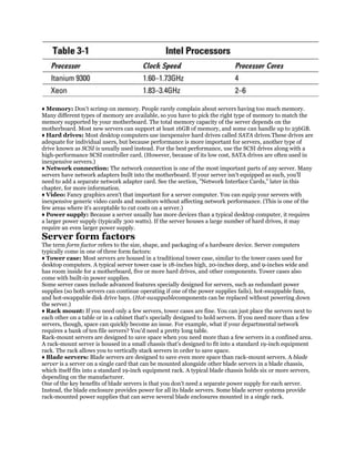 ♦ Memory: Don't scrimp on memory. People rarely complain about servers having too much memory.
Many different types of memory are available, so you have to pick the right type of memory to match the
memory supported by your motherboard. The total memory capacity of the server depends on the
motherboard. Most new servers can support at least 16GB of memory, and some can handle up to 256GB.
♦ Hard drives: Most desktop computers use inexpensive hard drives called SATA drives.These drives are
adequate for individual users, but because performance is more important for servers, another type of
drive known as SCSI is usually used instead. For the best performance, use the SCSI drives along with a
high-performance SCSI controller card. (However, because of its low cost, SATA drives are often used in
inexpensive servers.)
♦ Network connection: The network connection is one of the most important parts of any server. Many
servers have network adapters built into the motherboard. If your server isn't equipped as such, you'll
need to add a separate network adapter card. See the section, "Network Interface Cards," later in this
chapter, for more information.
♦ Video: Fancy graphics aren't that important for a server computer. You can equip your servers with
inexpensive generic video cards and monitors without affecting network performance. (This is one of the
few areas where it's acceptable to cut costs on a server.)
♦ Power supply: Because a server usually has more devices than a typical desktop computer, it requires
a larger power supply (typically 300 watts). If the server houses a large number of hard drives, it may
require an even larger power supply.
Server form factors
The term form factor refers to the size, shape, and packaging of a hardware device. Server computers
typically come in one of three form factors:
♦ Tower case: Most servers are housed in a traditional tower case, similar to the tower cases used for
desktop computers. A typical server tower case is 18-inches high, 20-inches deep, and 9-inches wide and
has room inside for a motherboard, five or more hard drives, and other components. Tower cases also
come with built-in power supplies.
Some server cases include advanced features specially designed for servers, such as redundant power
supplies (so both servers can continue operating if one of the power supplies fails), hot-swappable fans,
and hot-swappable disk drive bays. (Hot-swappablecomponents can be replaced without powering down
the server.)
♦ Rack mount: If you need only a few servers, tower cases are fine. You can just place the servers next to
each other on a table or in a cabinet that's specially designed to hold servers. If you need more than a few
servers, though, space can quickly become an issue. For example, what if your departmental network
requires a bank of ten file servers? You'd need a pretty long table.
Rack-mount servers are designed to save space when you need more than a few servers in a confined area.
A rack-mount server is housed in a small chassis that's designed to fit into a standard 19-inch equipment
rack. The rack allows you to vertically stack servers in order to save space.
♦ Blade servers: Blade servers are designed to save even more space than rack-mount servers. A blade
server is a server on a single card that can be mounted alongside other blade servers in a blade chassis,
which itself fits into a standard 19-inch equipment rack. A typical blade chassis holds six or more servers,
depending on the manufacturer.
One of the key benefits of blade servers is that you don't need a separate power supply for each server.
Instead, the blade enclosure provides power for all its blade servers. Some blade server systems provide
rack-mounted power supplies that can serve several blade enclosures mounted in a single rack.
 