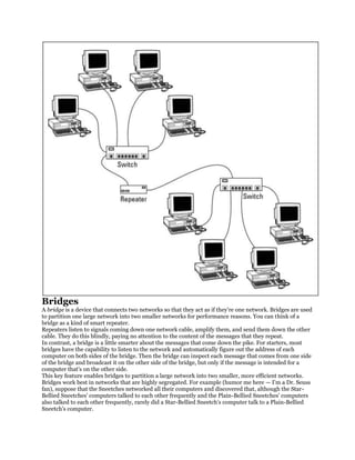 Bridges
A bridge is a device that connects two networks so that they act as if they're one network. Bridges are used
to partition one large network into two smaller networks for performance reasons. You can think of a
bridge as a kind of smart repeater.
Repeaters listen to signals coming down one network cable, amplify them, and send them down the other
cable. They do this blindly, paying no attention to the content of the messages that they repeat.
In contrast, a bridge is a little smarter about the messages that come down the pike. For starters, most
bridges have the capability to listen to the network and automatically figure out the address of each
computer on both sides of the bridge. Then the bridge can inspect each message that comes from one side
of the bridge and broadcast it on the other side of the bridge, but only if the message is intended for a
computer that's on the other side.
This key feature enables bridges to partition a large network into two smaller, more efficient networks.
Bridges work best in networks that are highly segregated. For example (humor me here — I'm a Dr. Seuss
fan), suppose that the Sneetches networked all their computers and discovered that, although the Star-
Bellied Sneetches' computers talked to each other frequently and the Plain-Bellied Sneetches' computers
also talked to each other frequently, rarely did a Star-Bellied Sneetch's computer talk to a Plain-Bellied
Sneetch's computer.
 