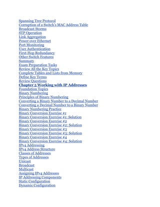Spanning Tree Protocol
Corruption of a Switch’s MAC Address Table
Broadcast Storms
STP Operation
Link Aggregation
Power over Ethernet
Port Monitoring
User Authentication
First-Hop Redundancy
Other Switch Features
Summary
Exam Preparation Tasks
Review All the Key Topics
Complete Tables and Lists from Memory
Define Key Terms
Review Questions
Chapter 5 Working with IP Addresses
Foundation Topics
Binary Numbering
Principles of Binary Numbering
Converting a Binary Number to a Decimal Number
Converting a Decimal Number to a Binary Number
Binary Numbering Practice
Binary Conversion Exercise #1
Binary Conversion Exercise #1: Solution
Binary Conversion Exercise #2
Binary Conversion Exercise #2: Solution
Binary Conversion Exercise #3
Binary Conversion Exercise #3: Solution
Binary Conversion Exercise #4
Binary Conversion Exercise #4: Solution
IPv4 Addressing
IPv4 Address Structure
Classes of Addresses
Types of Addresses
Unicast
Broadcast
Multicast
Assigning IPv4 Addresses
IP Addressing Components
Static Configuration
Dynamic Configuration
 
