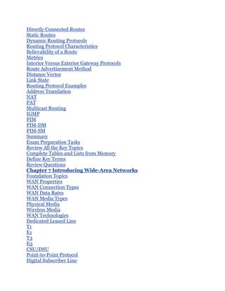 Directly Connected Routes
Static Routes
Dynamic Routing Protocols
Routing Protocol Characteristics
Believability of a Route
Metrics
Interior Versus Exterior Gateway Protocols
Route Advertisement Method
Distance Vector
Link State
Routing Protocol Examples
Address Translation
NAT
PAT
Multicast Routing
IGMP
PIM
PIM-DM
PIM-SM
Summary
Exam Preparation Tasks
Review All the Key Topics
Complete Tables and Lists from Memory
Define Key Terms
Review Questions
Chapter 7 Introducing Wide-Area Networks
Foundation Topics
WAN Properties
WAN Connection Types
WAN Data Rates
WAN Media Types
Physical Media
Wireless Media
WAN Technologies
Dedicated Leased Line
T1
E1
T3
E3
CSU/DSU
Point-to-Point Protocol
Digital Subscriber Line
 