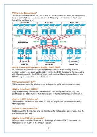 12
97.What is the Backbone area?
The backbone area (Area 0) is the core of an OSPF network. All other areas are connected to
it and all traffic betweenareas must traverse it. All routing between areas is distributed
through the backbone area
98.What is an Autonomous System Boundary Router ASBR?
An AutonomousSystem Boundary Router (ASBR) is a router that is running multiple
protocols and servesas a gateway to routers outside the OSPF domain and those operating
with differentprotocols. The ASBR can import and translate differentprotocol routes into
OSPF through a process knownas redistribution.
99.Why area is used in OSPF?
OSPF uses areas to simplify administration and optimize traffic and resource utilization.
100.What is the Router ID (RID)?
Every router running OSPF within a networkmust have a unique router ID (RID). This
identification is a 32-bit number that identifies one router to another router within an AS.
101.What is OSPF Hellointerval?
OSPF uses hello packets and two timers to check if a neighbour is still alive or not: Hello
interval (10 sec)
102.What is OSPF Dead interval?
Dead interval: this defineshow long we should wait for hello packets before we declare the
neighbour dead. (40 Sec)
103.What is the OSPF interface priority?
Default priority for an OSPF interface is 1. The range is from 0 to 255. 0 means that the
interface does not involve in the DR/BDR election.
 