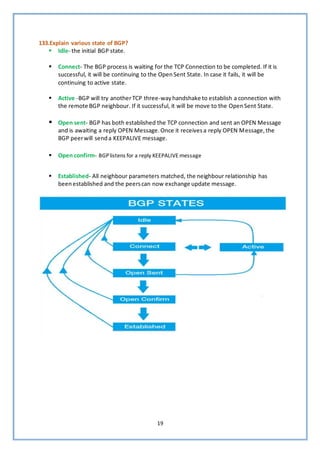 19
133.Explain various state of BGP?
▪ Idle- the initial BGP state.
▪ Connect- The BGP process is waiting for the TCP Connection to be completed. If it is
successful, it will be continuing to the OpenSent State. In case it fails, it will be
continuing to active state.
▪ Active -BGP will try anotherTCP three-wayhandshake to establish a connection with
the remote BGP neighbour. If it successful, it will be move to the OpenSent State.
▪ Open sent- BGP has both established the TCP connection and sent an OPEN Message
and is awaiting a reply OPEN Message.Once it receivesa reply OPEN Message,the
BGP peerwill senda KEEPALIVE message.
▪ Open confirm- BGPlistens for a reply KEEPALIVE message
▪ Established- All neighbour parameters matched, the neighbour relationship has
beenestablished and the peerscan now exchange update message.
 