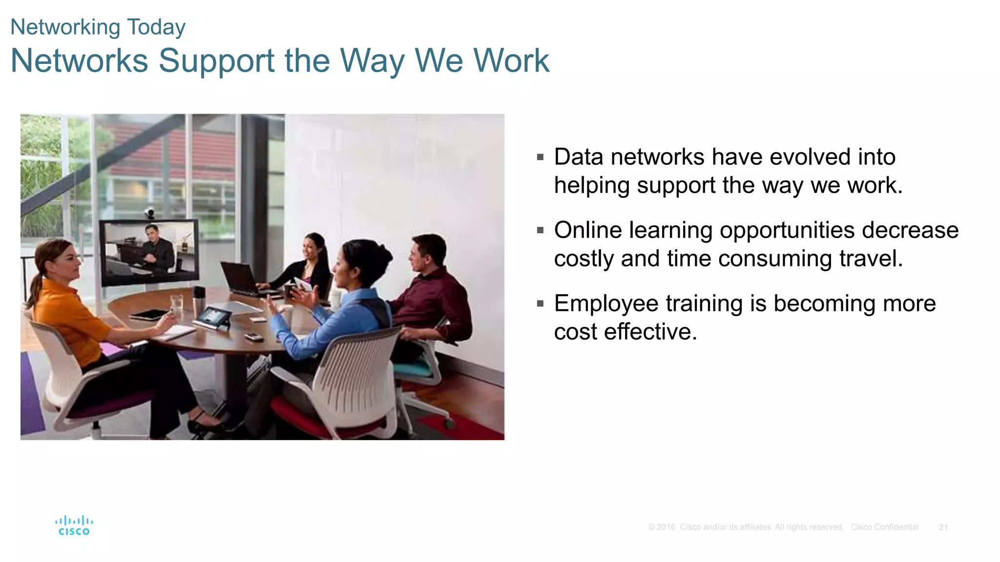 21© 2016 Cisco and/or its affiliates. All rights reserved. Cisco Confidential
Networking Today
Networks Support the Way We Work
 Data networks have evolved into
helping support the way we work.
 Online learning opportunities decrease
costly and time consuming travel.
 Employee training is becoming more
cost effective.
 