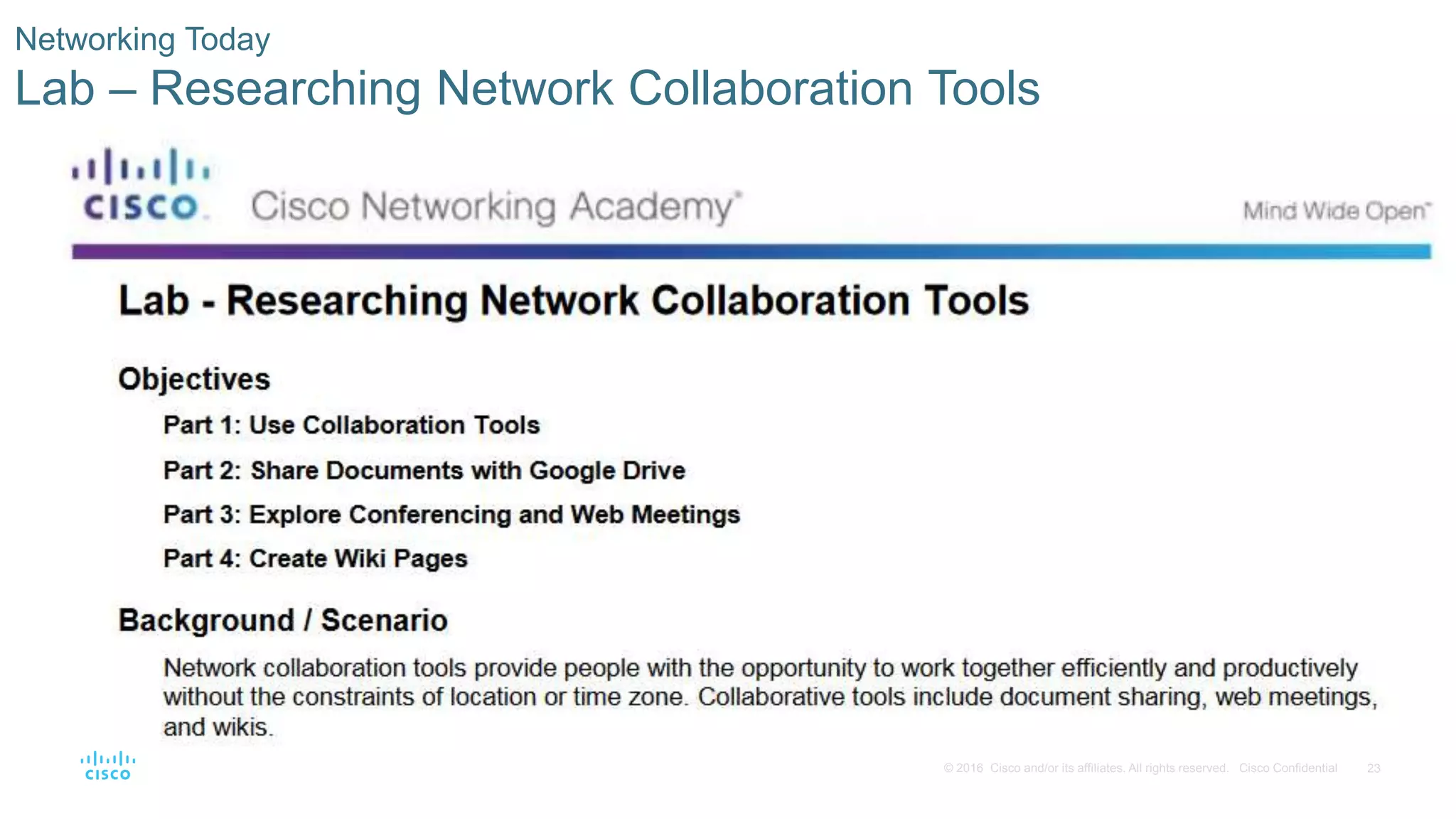23© 2016 Cisco and/or its affiliates. All rights reserved. Cisco Confidential
Networking Today
Lab – Researching Network Collaboration Tools
 