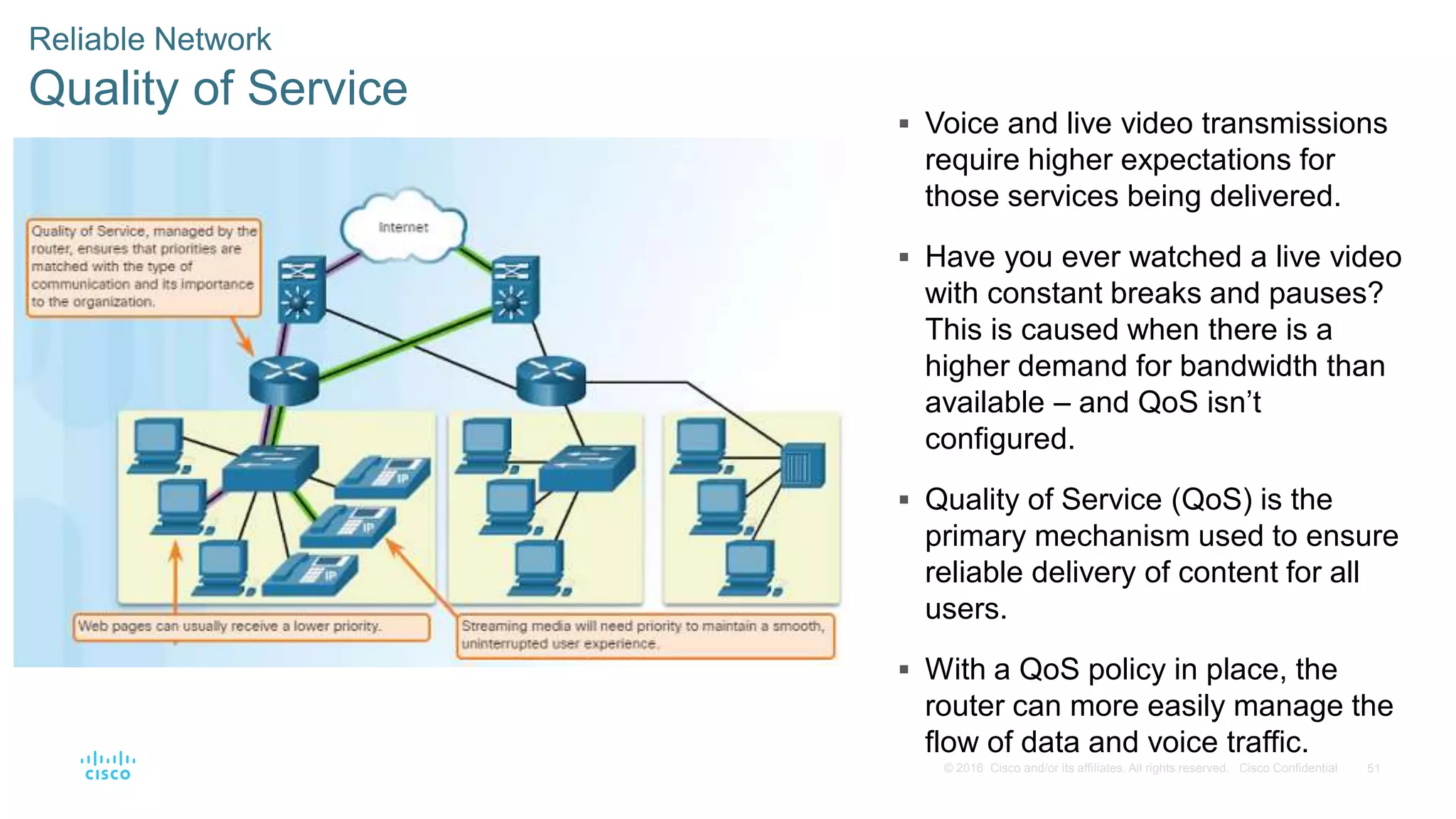51© 2016 Cisco and/or its affiliates. All rights reserved. Cisco Confidential
Reliable Network
Quality of Service
 Voice and live video transmissions
require higher expectations for
those services being delivered.
 Have you ever watched a live video
with constant breaks and pauses?
This is caused when there is a
higher demand for bandwidth than
available – and QoS isn’t
configured.
 Quality of Service (QoS) is the
primary mechanism used to ensure
reliable delivery of content for all
users.
 With a QoS policy in place, the
router can more easily manage the
flow of data and voice traffic.
 