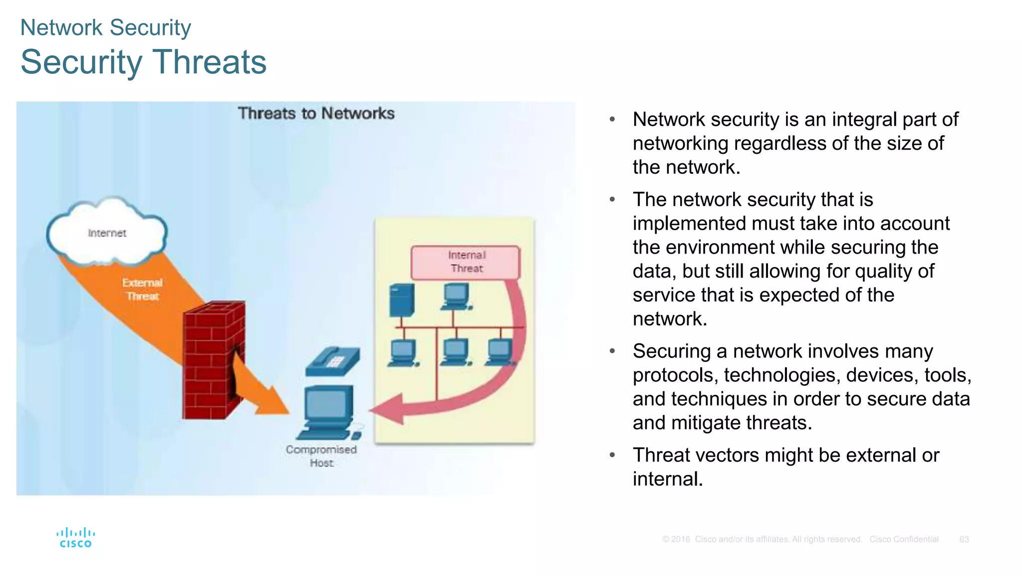 63© 2016 Cisco and/or its affiliates. All rights reserved. Cisco Confidential
Network Security
Security Threats
• Network security is an integral part of
networking regardless of the size of
the network.
• The network security that is
implemented must take into account
the environment while securing the
data, but still allowing for quality of
service that is expected of the
network.
• Securing a network involves many
protocols, technologies, devices, tools,
and techniques in order to secure data
and mitigate threats.
• Threat vectors might be external or
internal.
 